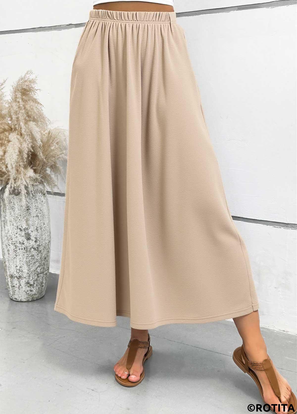 Light Camel bottoms,Plain Color bottoms,ROTITA Pocket Light Camel Maxi Elastic Waist A Line Skirt