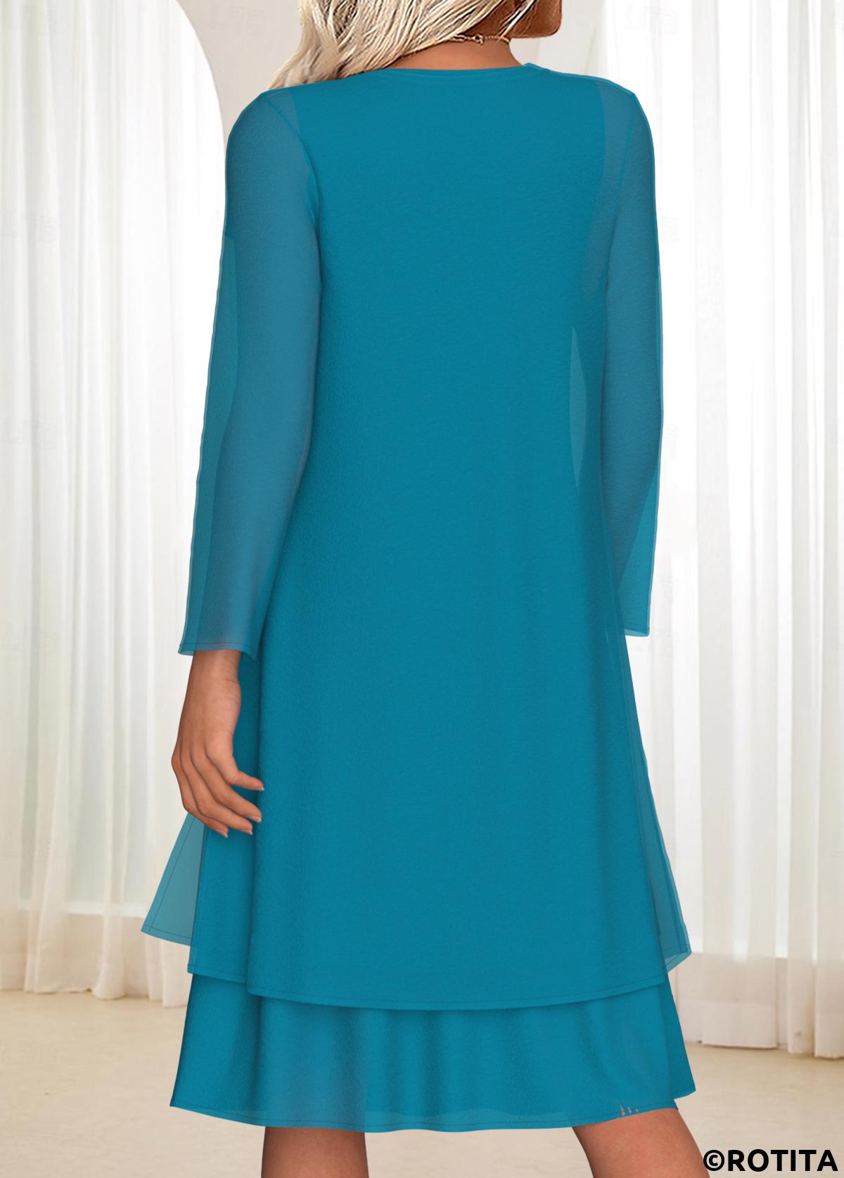 Turquoise dresses,Plain Color dresses,Everyday dresses,Casual dresses,ROTITA Tummy Coverage Turquoise Round Neck Dress and Cardigan