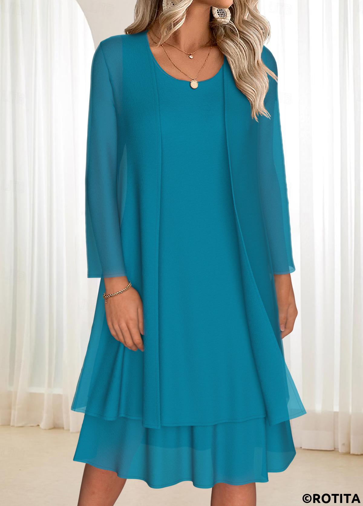 Turquoise dresses,Plain Color dresses,Everyday dresses,Casual dresses,ROTITA Tummy Coverage Turquoise Round Neck Dress and Cardigan