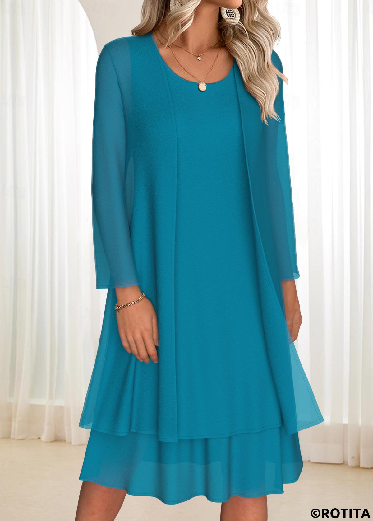 Turquoise dresses,Plain Color dresses,Everyday dresses,Casual dresses,ROTITA Tummy Coverage Turquoise Round Neck Dress and Cardigan