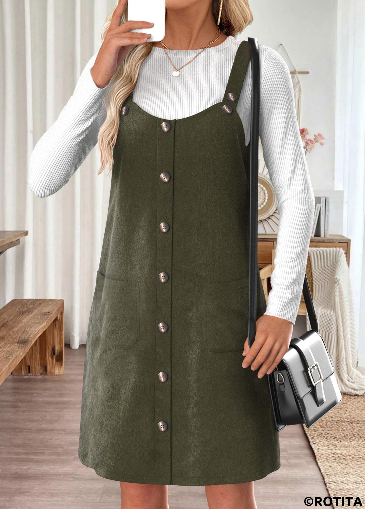 Olive Green dresses,Plain Color dresses,Everyday dresses,Casual dresses,ROTITA Tummy Coverage Olive Green Short Round Neck Tank Dress