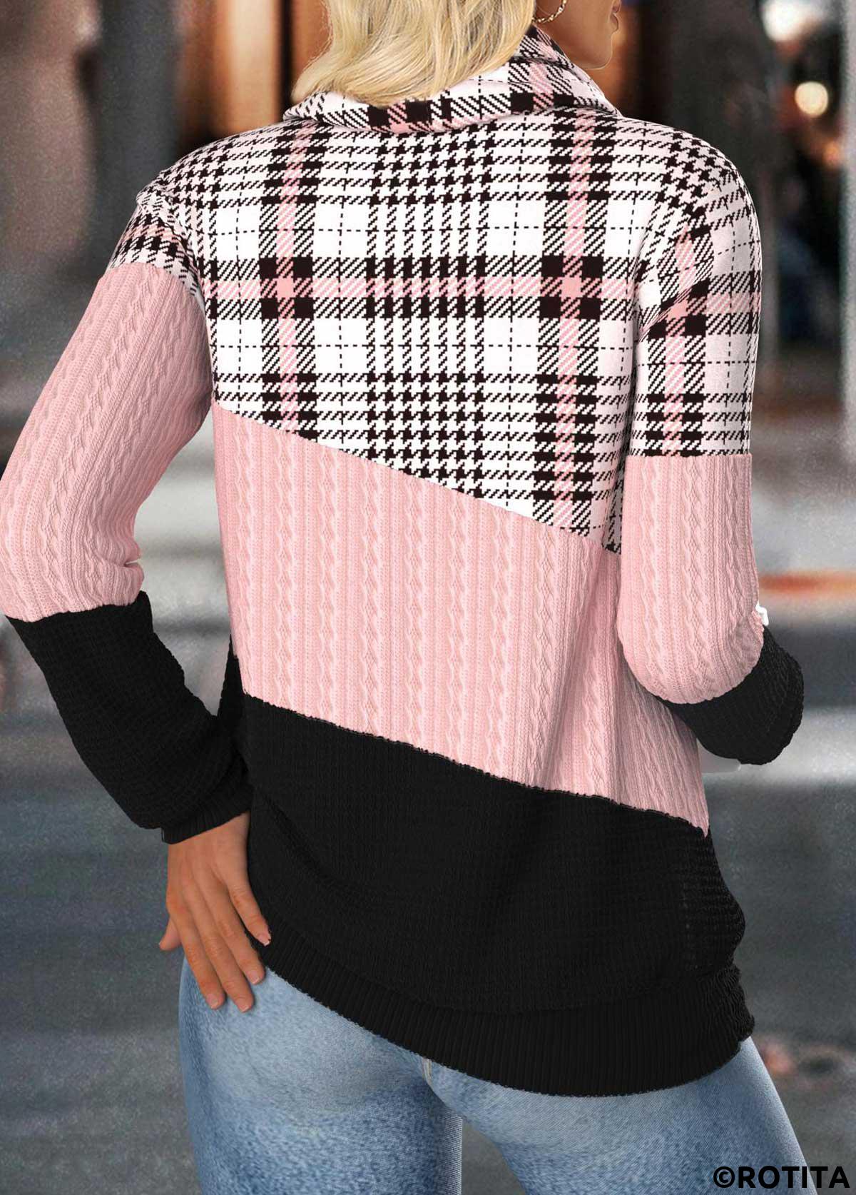 Light Pink tops,Plaid tops,Geometric tops,ROTITA Tummy Coverage Plaid Light Pink Cowl Neck Sweatshirt