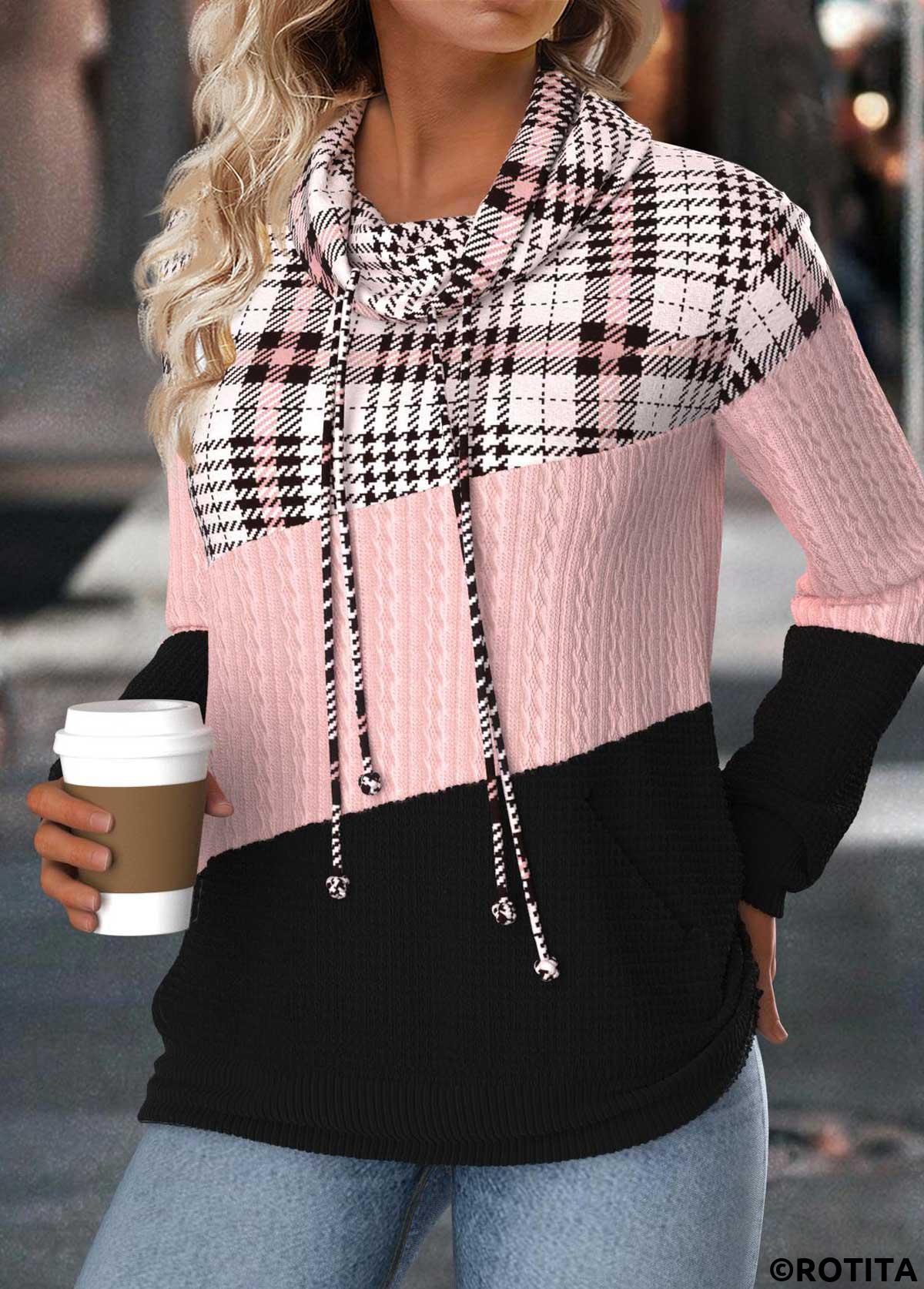Light Pink tops,Plaid tops,Geometric tops,ROTITA Tummy Coverage Plaid Light Pink Cowl Neck Sweatshirt