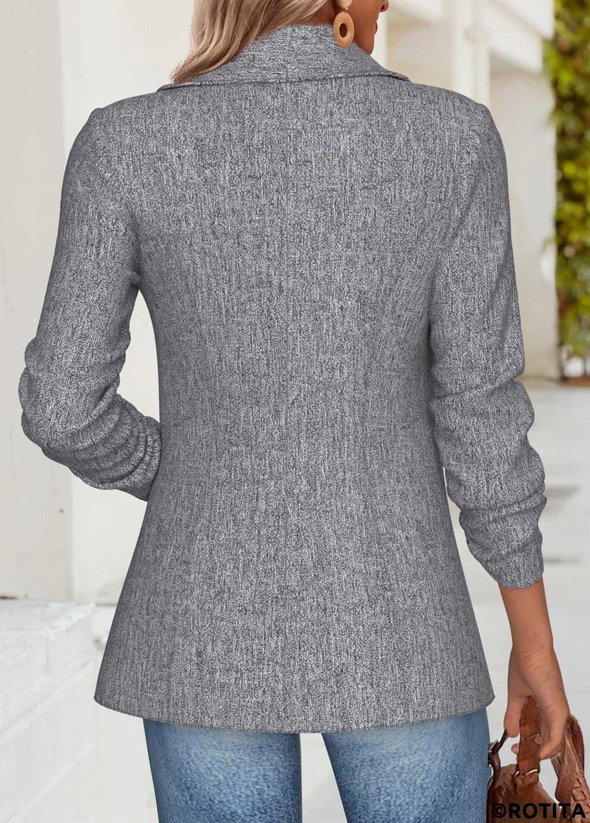 Light Grey Marl tops,Plain Color tops,ROTITA Tummy Coverage Light Grey Marl Lapel Long Sleeve Coat