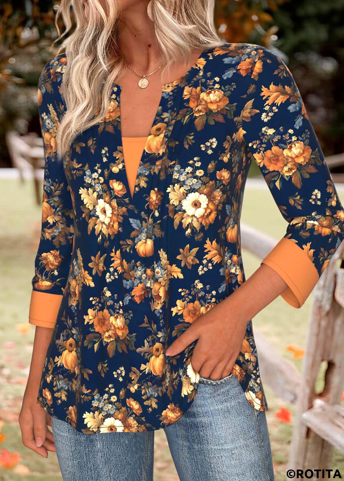Navy tops,Halloween tops,ROTITA Tummy Coverage Pumpkin Print Navy Split Neck T Shirt