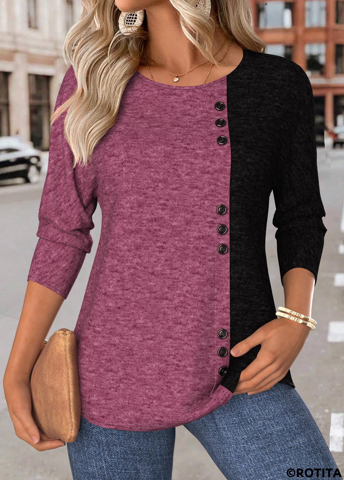 Dark Reddish Purple tops,Plain Color tops,ROTITA Tummy Coverage Dark Reddish Purple Round Neck T Shirt