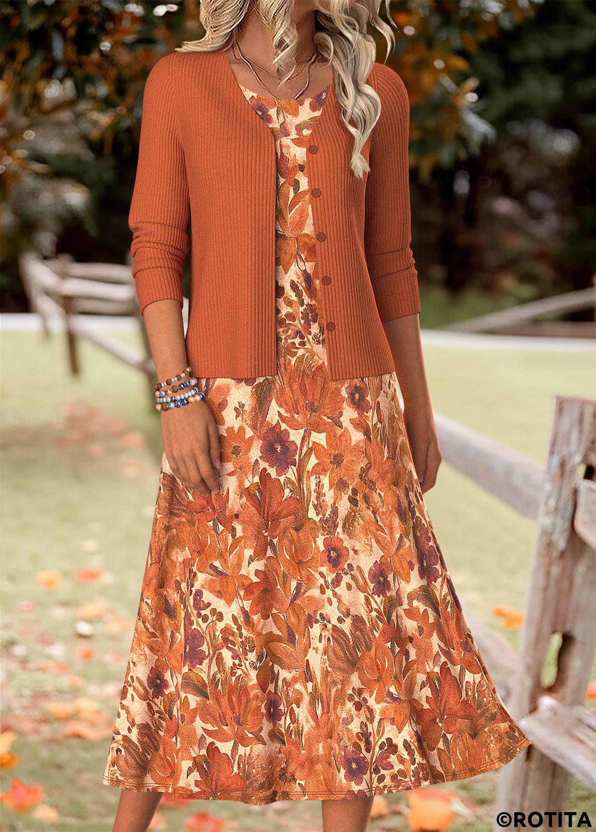Orange dresses,Plants dresses,Floral dresses,Everyday dresses,Casual dresses,ROTITA Tummy Coverage Random Floral Print Orange Dress and Cardigan