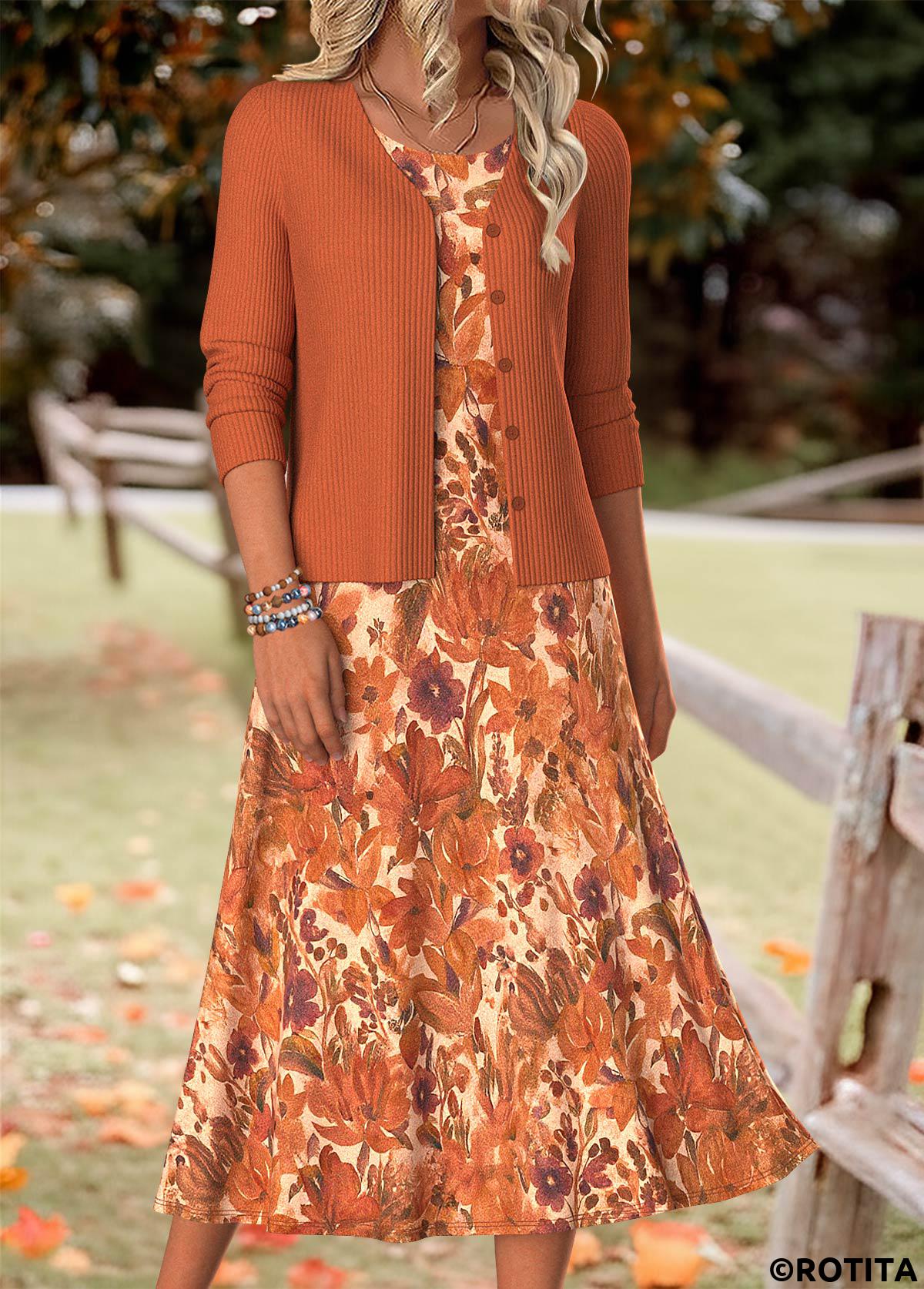 Orange dresses,Plants dresses,Floral dresses,Everyday dresses,Casual dresses,ROTITA Tummy Coverage Random Floral Print Orange Dress and Cardigan