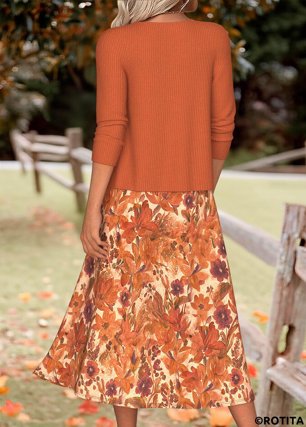 Orange dresses,Plants dresses,Floral dresses,Everyday dresses,Casual dresses,ROTITA Tummy Coverage Random Floral Print Orange Dress and Cardigan