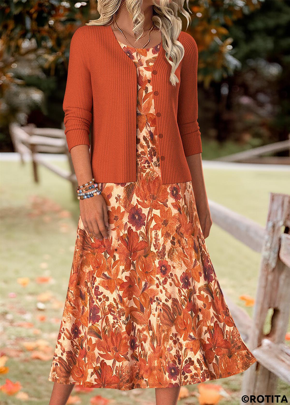 Orange dresses,Plants dresses,Floral dresses,Everyday dresses,Casual dresses,ROTITA Tummy Coverage Random Floral Print Orange Dress and Cardigan