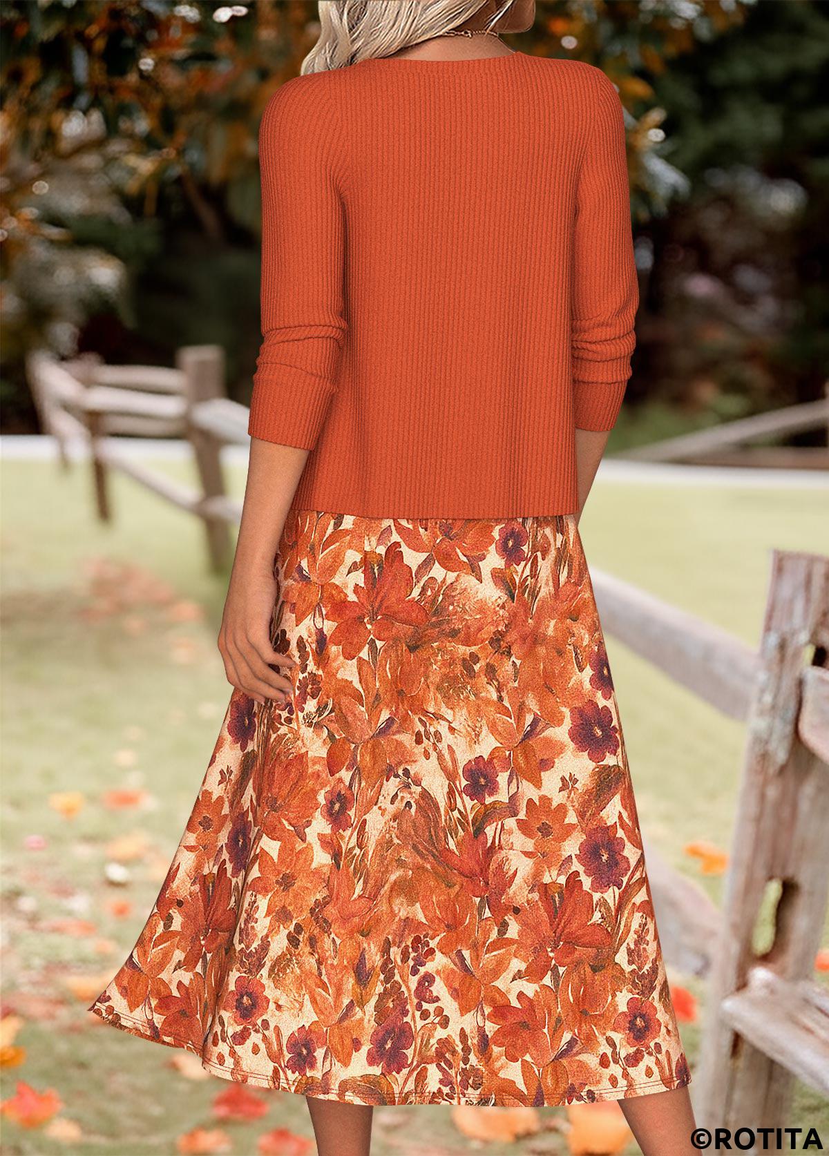 Orange dresses,Plants dresses,Floral dresses,Everyday dresses,Casual dresses,ROTITA Tummy Coverage Random Floral Print Orange Dress and Cardigan