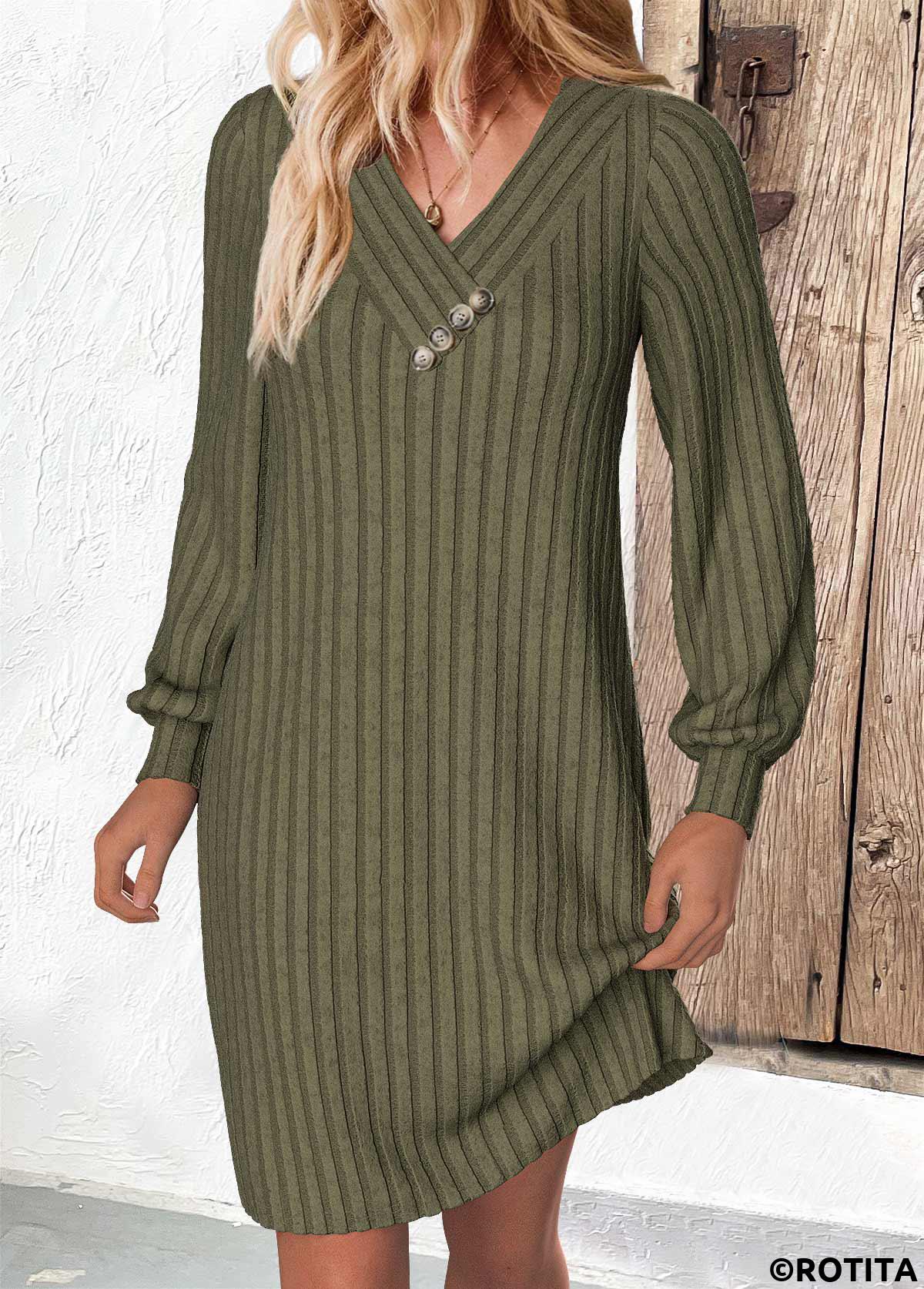 Olive Green dresses,Plain Color dresses,Everyday dresses,Casual dresses,ROTITA Olive Green A Line V Neck Long Sleeve Dress