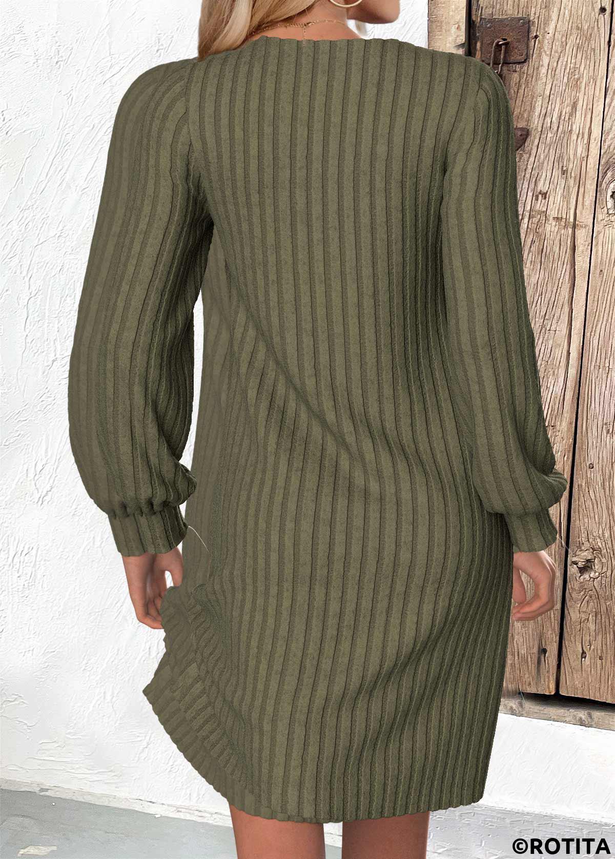 Olive Green dresses,Plain Color dresses,Everyday dresses,Casual dresses,ROTITA Olive Green A Line V Neck Long Sleeve Dress