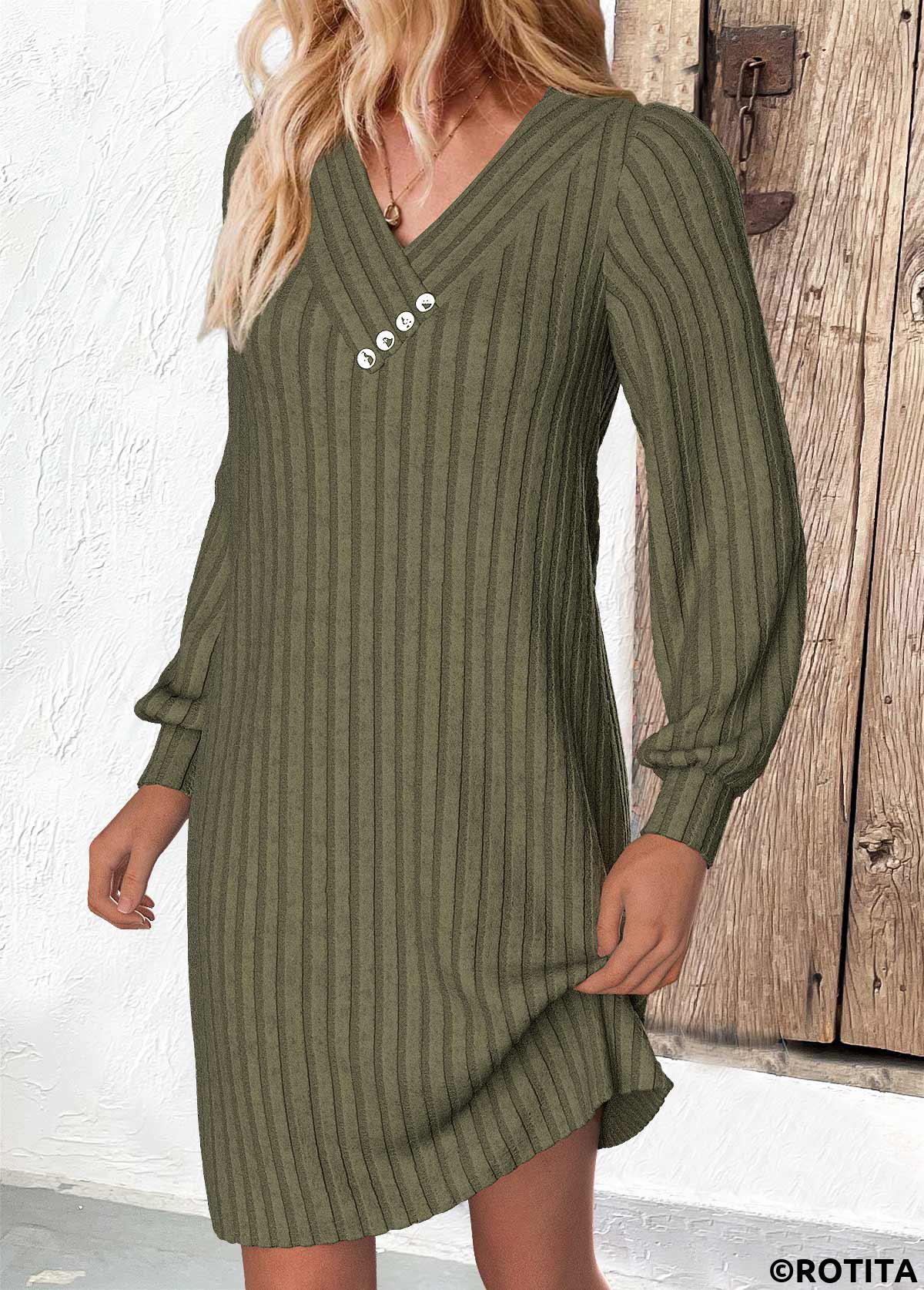 Olive Green dresses,Plain Color dresses,Everyday dresses,Casual dresses,ROTITA Olive Green A Line V Neck Long Sleeve Dress