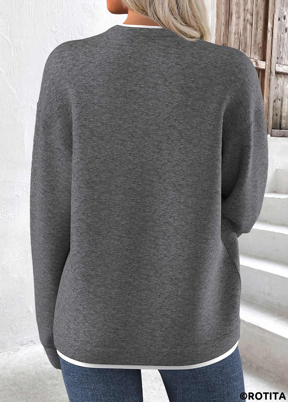 Grey tops,Contrast Color tops,ROTITA Fake 2in1 Grey Round Neck Long Sleeve Sweatshirt
