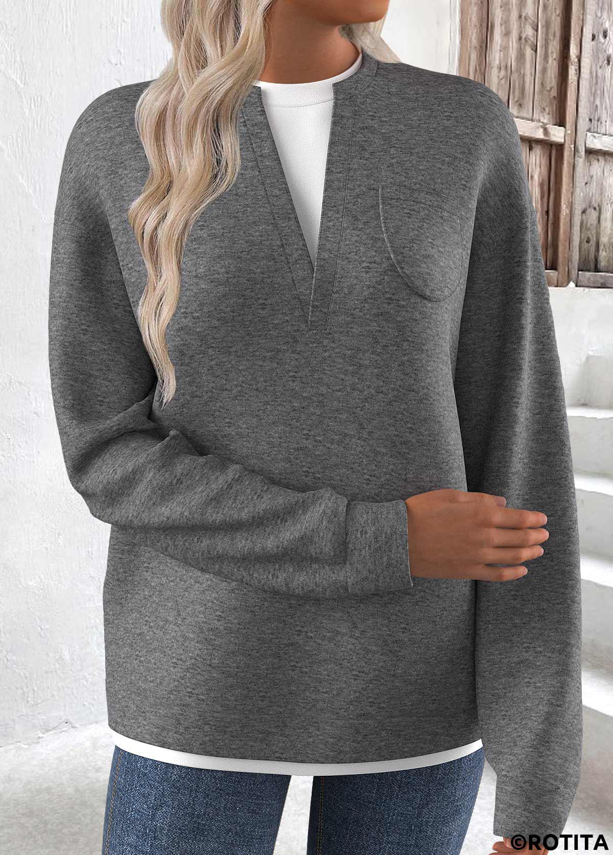 Grey tops,Contrast Color tops,ROTITA Fake 2in1 Grey Round Neck Long Sleeve Sweatshirt