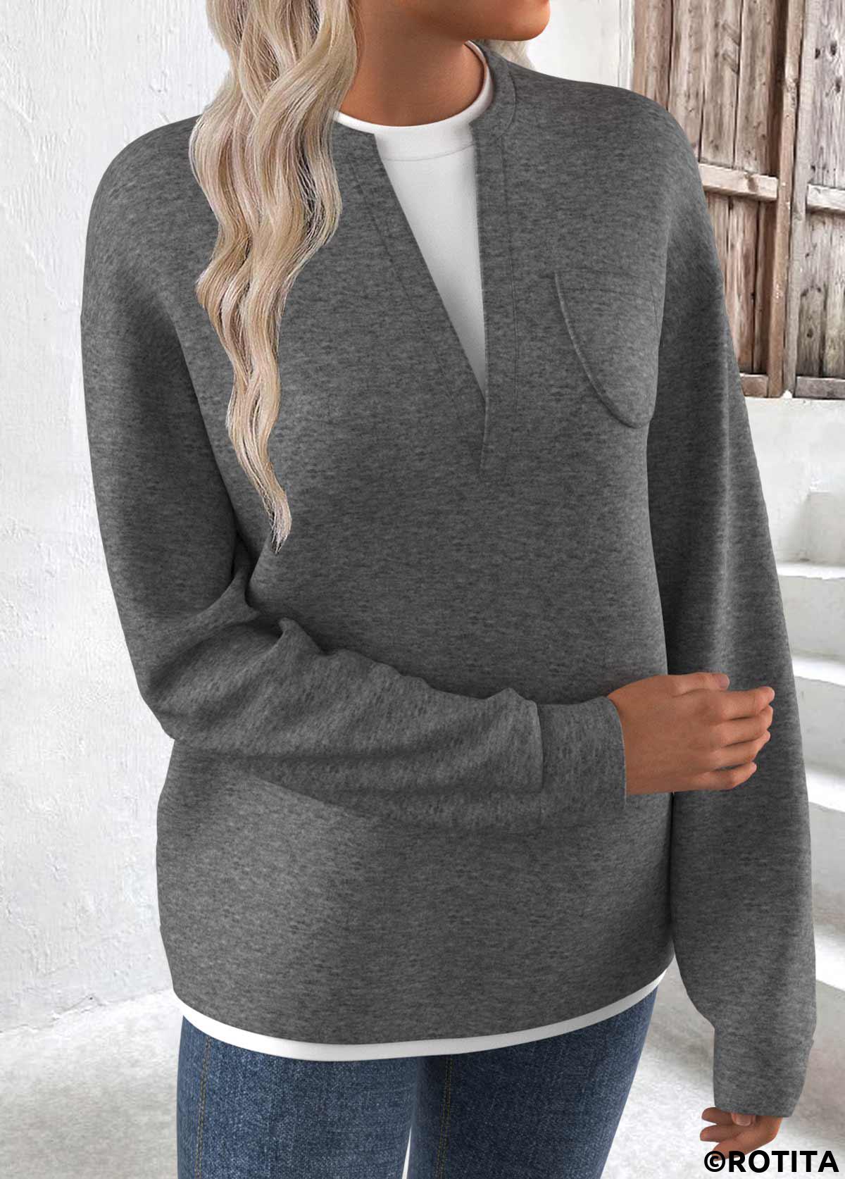 Grey tops,Contrast Color tops,ROTITA Fake 2in1 Grey Round Neck Long Sleeve Sweatshirt