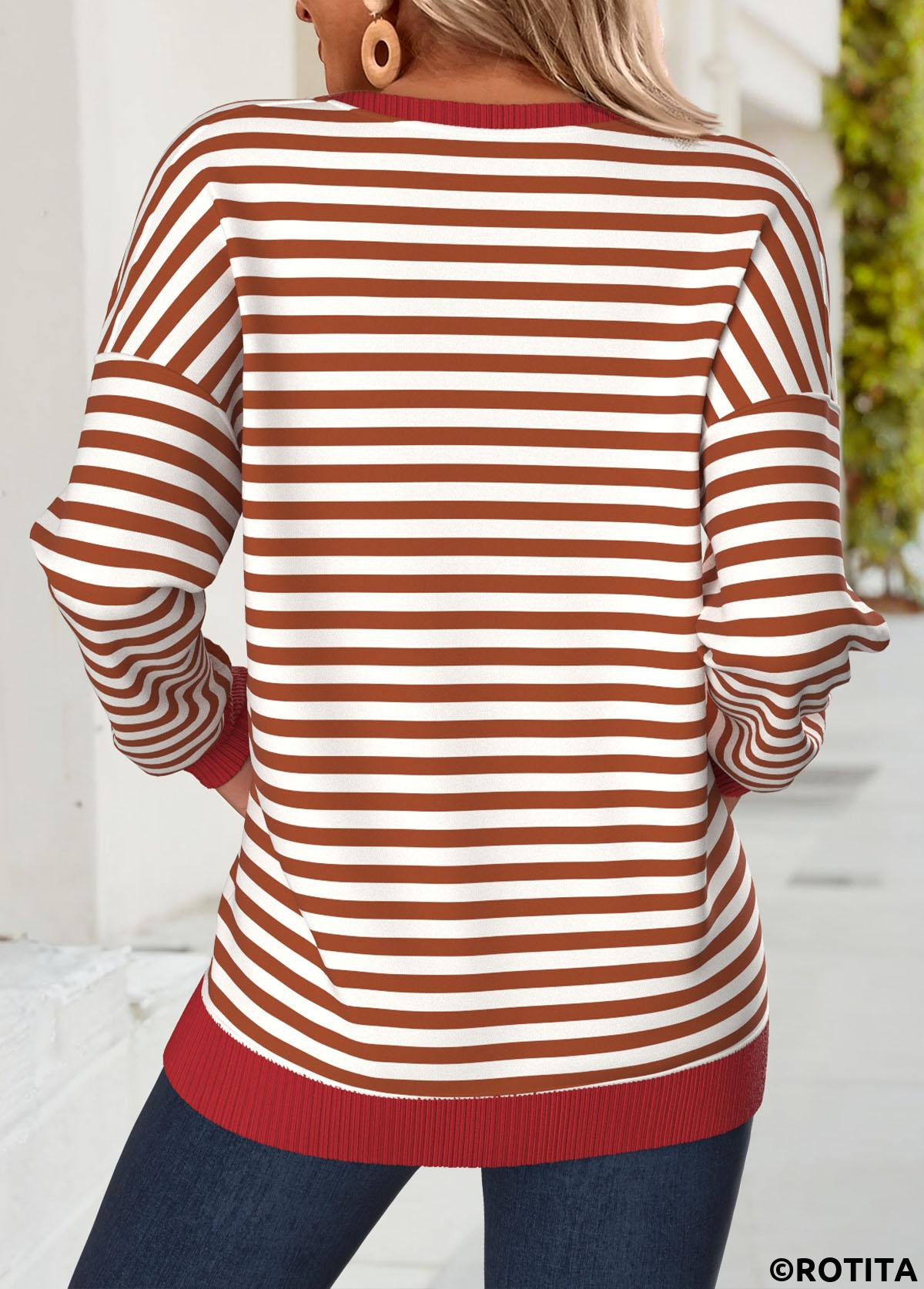 Red tops,Striped tops,Geometric tops,ROTITA Tummy Coverage Striped Red Round Neck Long Sleeve Sweatshirt