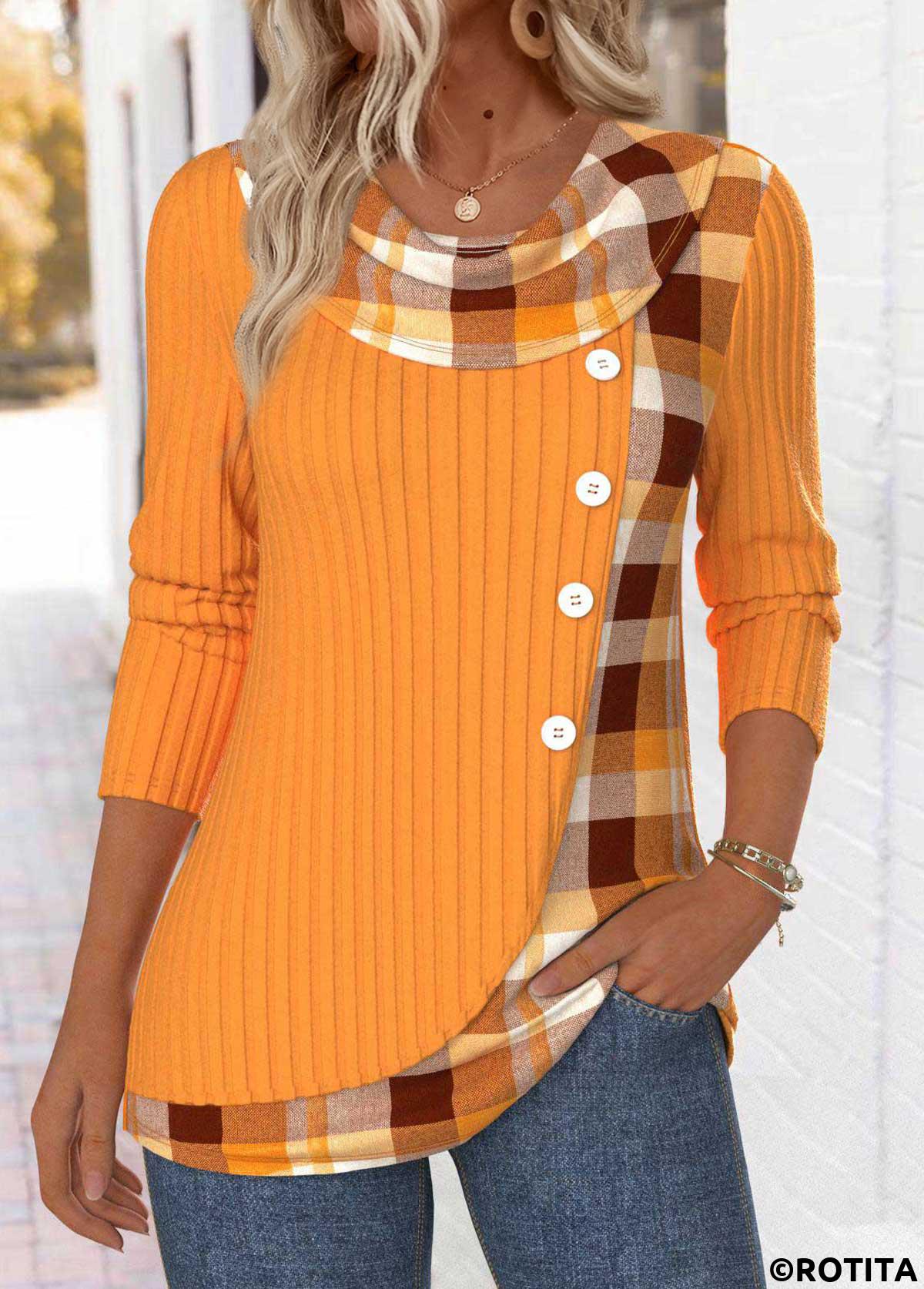 Neon Orange tops,Plaid tops,Geometric tops,ROTITA Tummy Coverage Plaid Neon Orange Draped Neck T Shirt