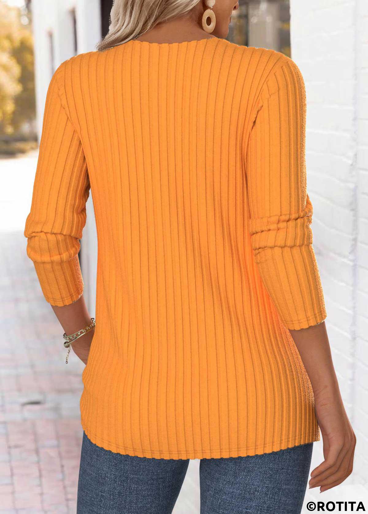 Neon Orange tops,Plaid tops,Geometric tops,ROTITA Tummy Coverage Plaid Neon Orange Draped Neck T Shirt