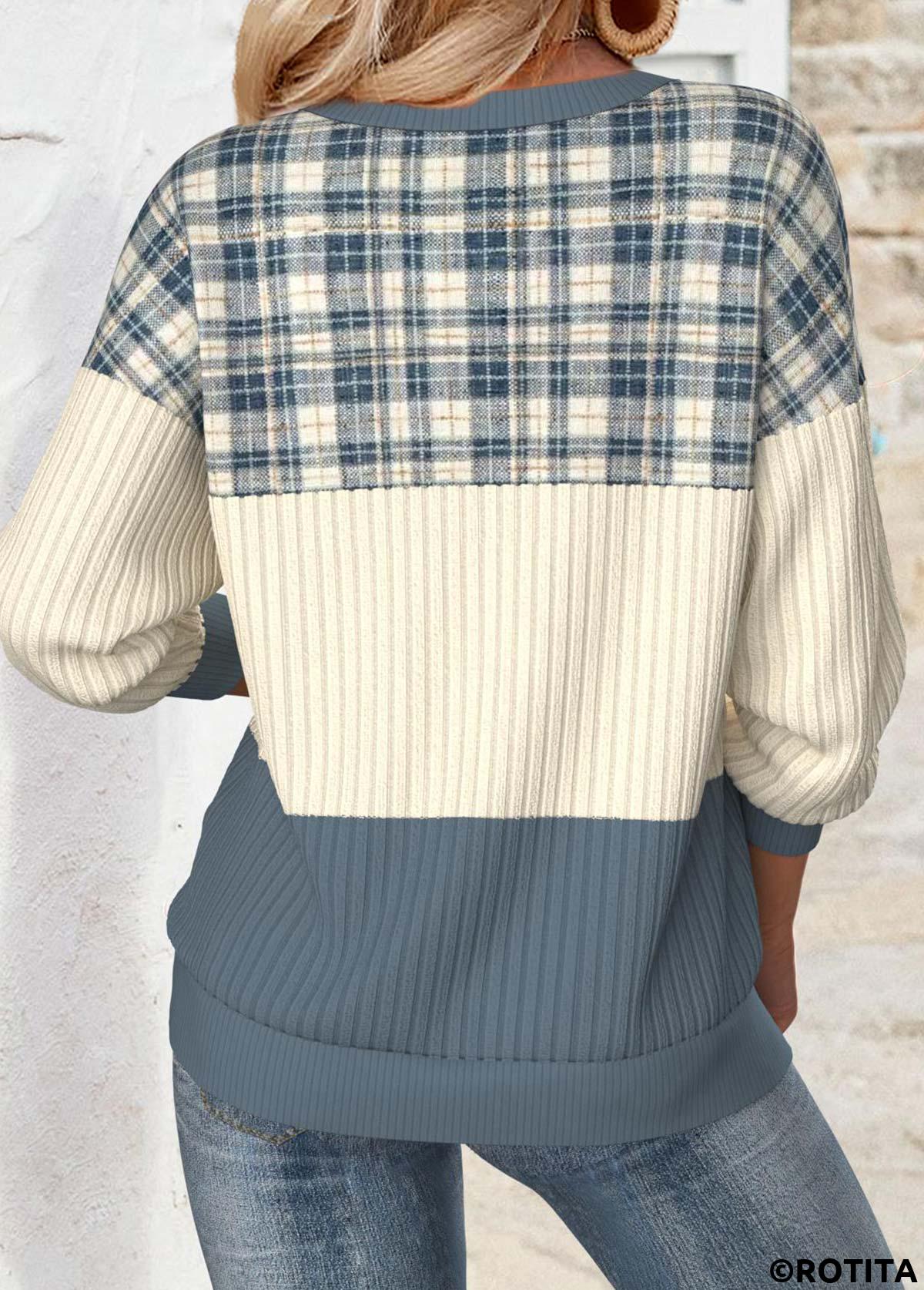 Multi Color tops,Plaid tops,Geometric tops,ROTITA Tummy Coverage Plaid Multi Color V Neck Sweatshirt
