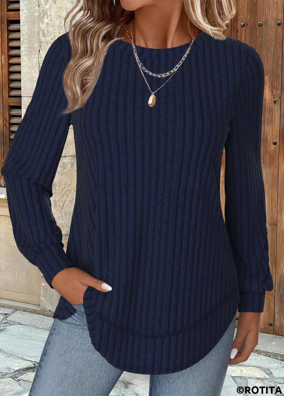 Navy tops,Plain Color tops,ROTITA Navy Round Neck Long Sleeve Sweatshirt