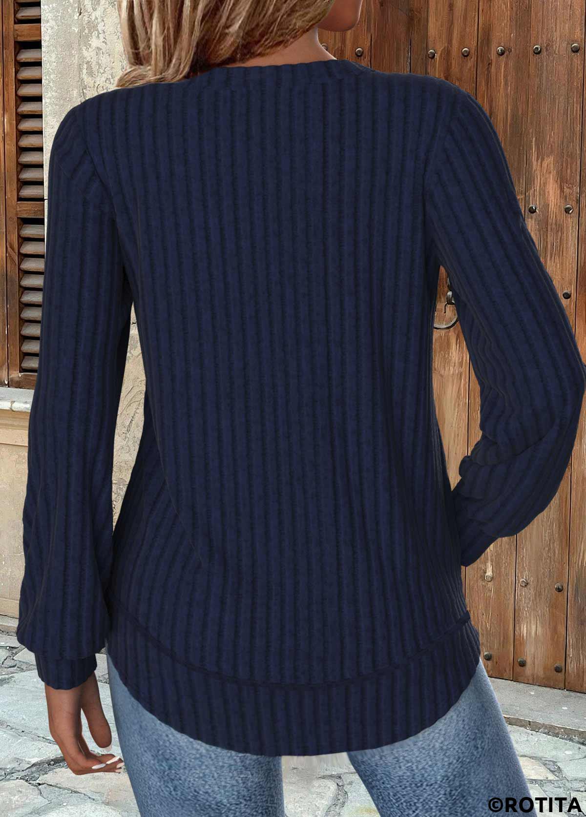 Navy tops,Plain Color tops,ROTITA Navy Round Neck Long Sleeve Sweatshirt