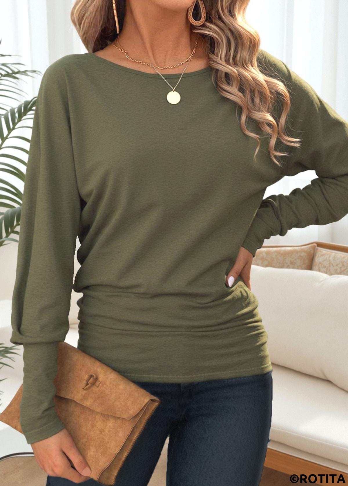Olive Green tops,Plain Color tops,ROTITA Tummy Coverage Olive Green Round Neck T Shirt