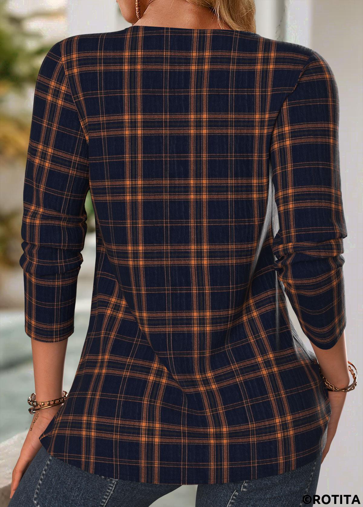 Navy tops,Plaid tops,Geometric tops,ROTITA Tuck Stitch Plaid Navy Split Neck Long Sleeve Blouse