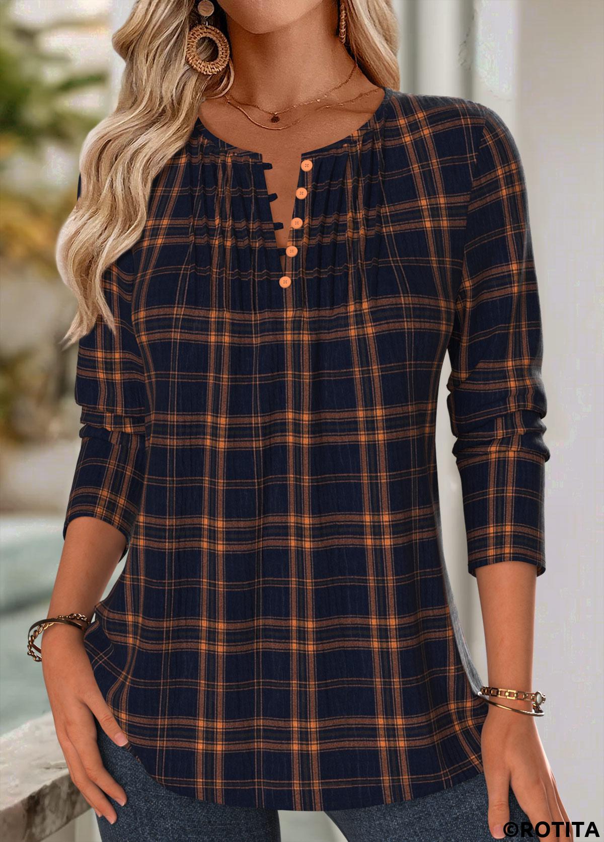 Navy tops,Plaid tops,Geometric tops,ROTITA Tuck Stitch Plaid Navy Split Neck Long Sleeve Blouse