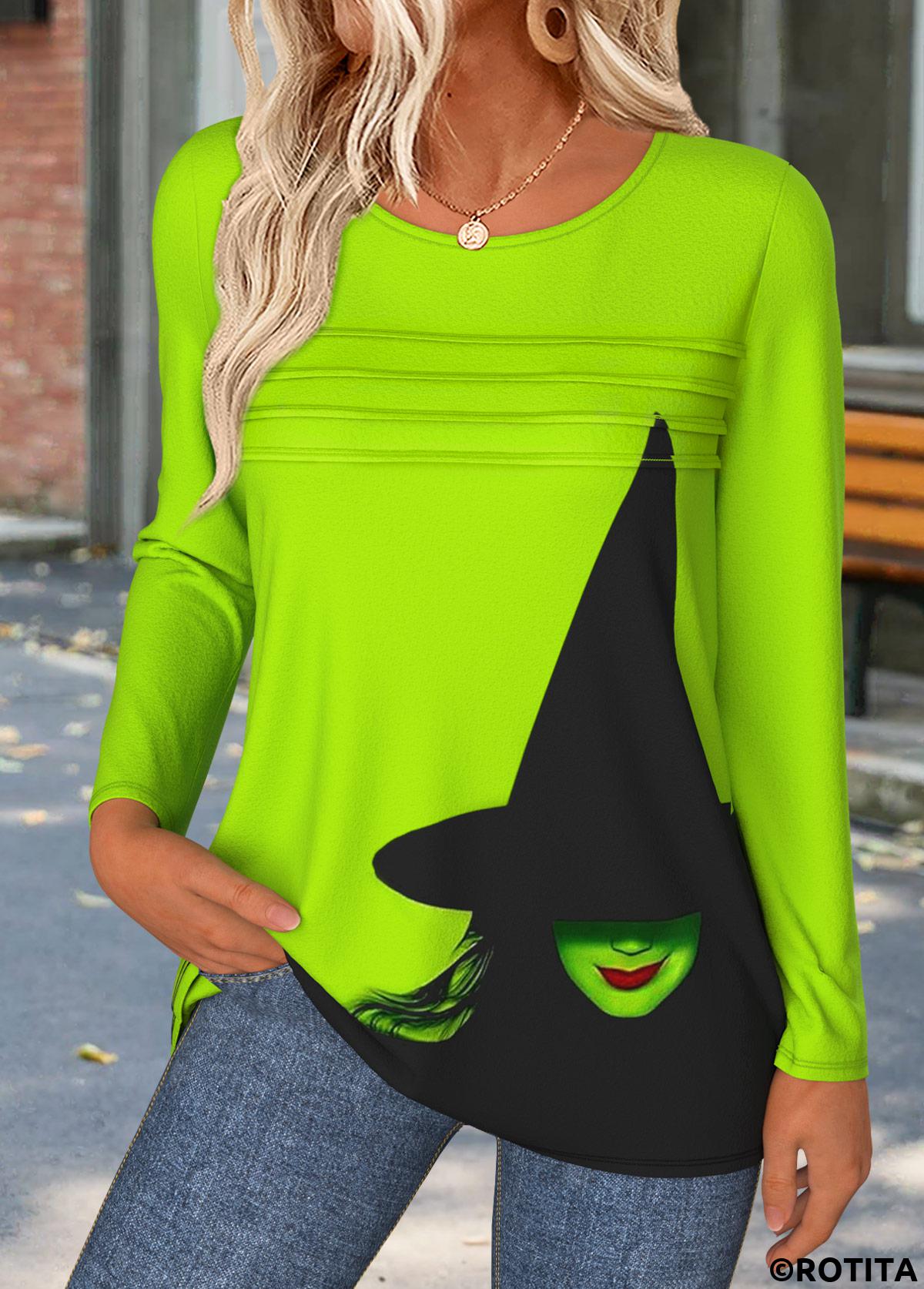 Neon Green tops,Halloween tops,ROTITA Halloween Tummy Coverage Neon Green Round Neck T Shirt