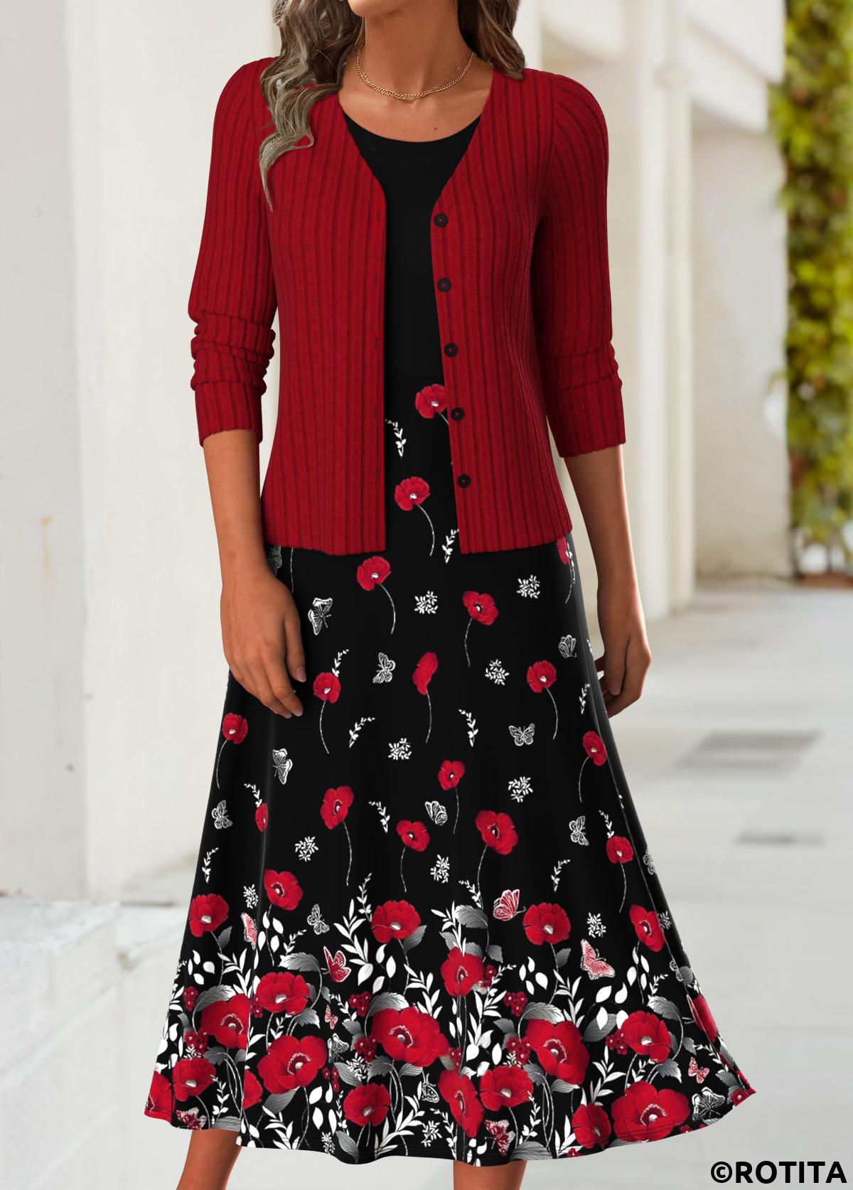Red dresses,Floral dresses,Plants dresses,Everyday dresses,Casual dresses,ROTITA Tummy Coverage Floral Print Red Dress and Cardigan