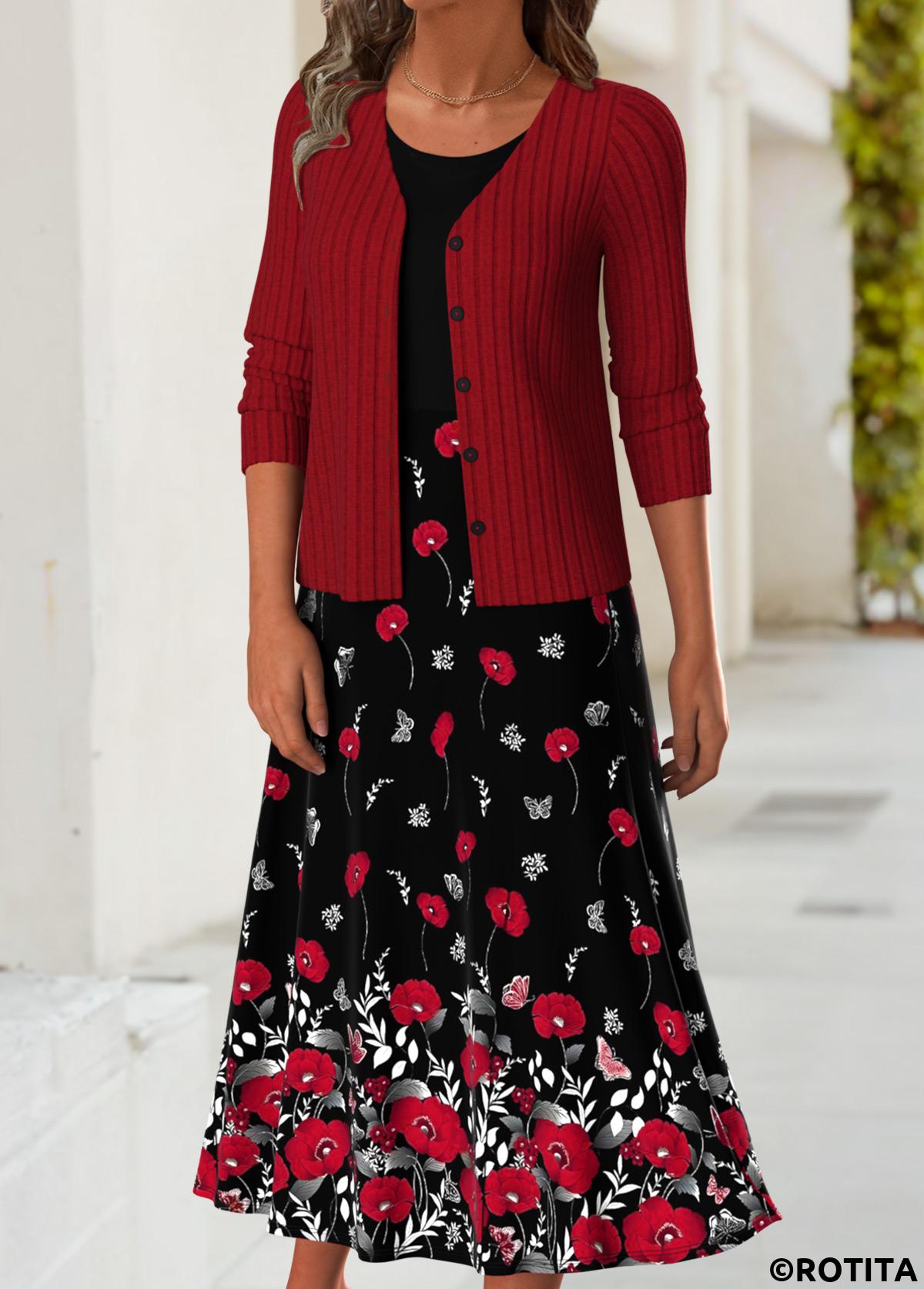 Red dresses,Floral dresses,Plants dresses,Everyday dresses,Casual dresses,ROTITA Tummy Coverage Floral Print Red Dress and Cardigan