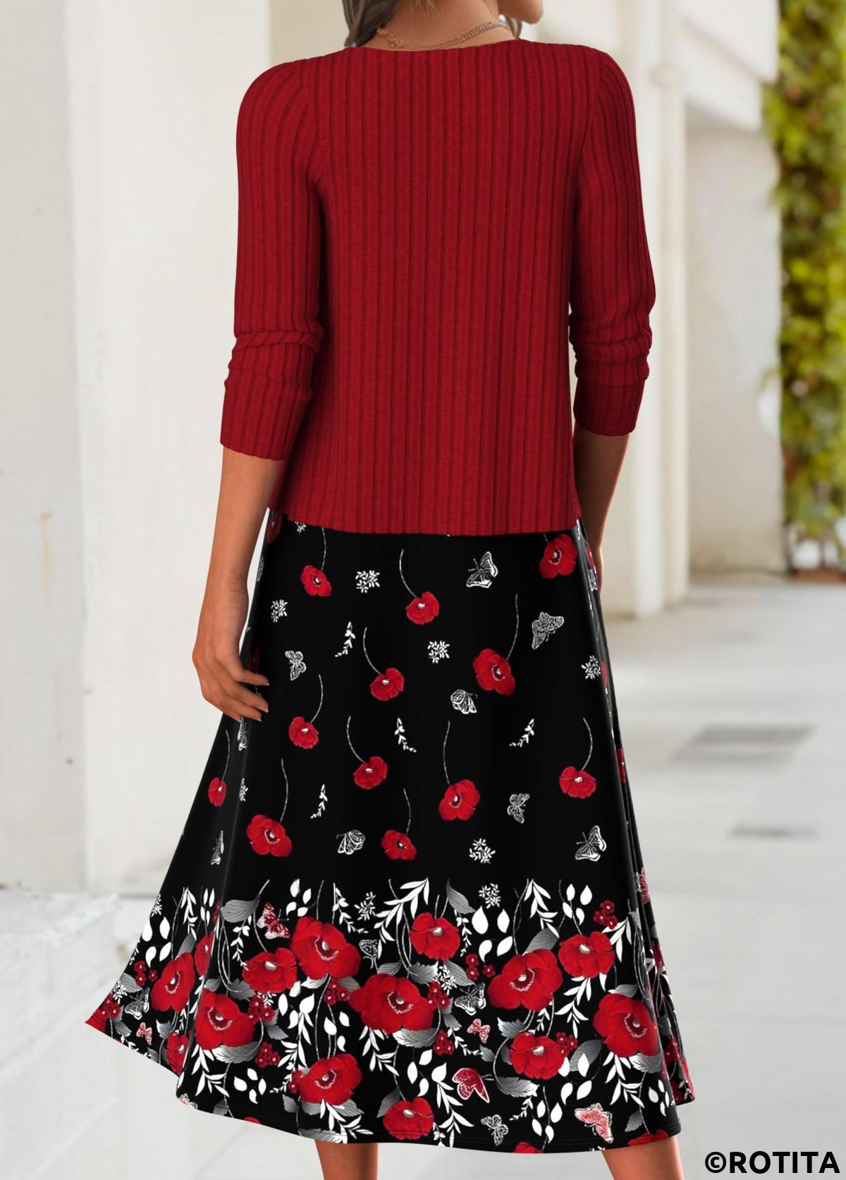 Red dresses,Floral dresses,Plants dresses,Everyday dresses,Casual dresses,ROTITA Tummy Coverage Floral Print Red Dress and Cardigan