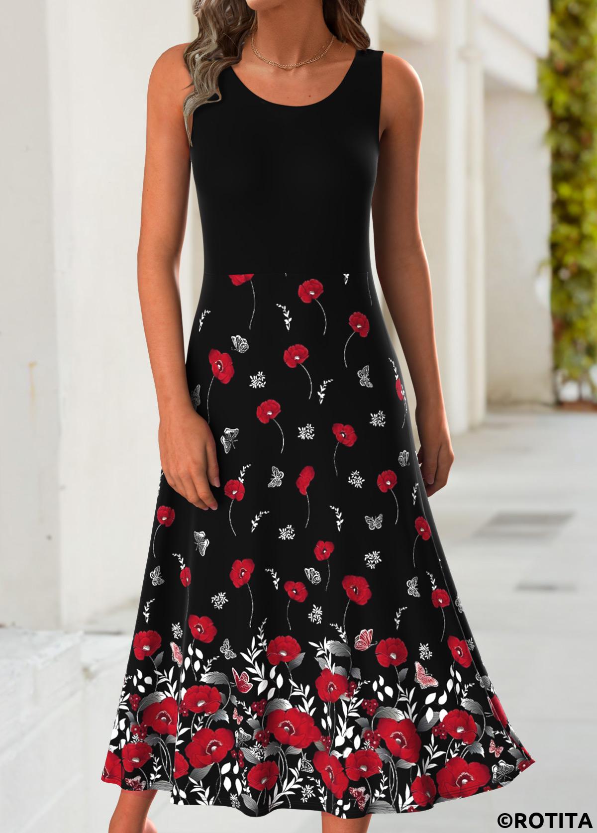 Red dresses,Floral dresses,Plants dresses,Everyday dresses,Casual dresses,ROTITA Tummy Coverage Floral Print Red Dress and Cardigan