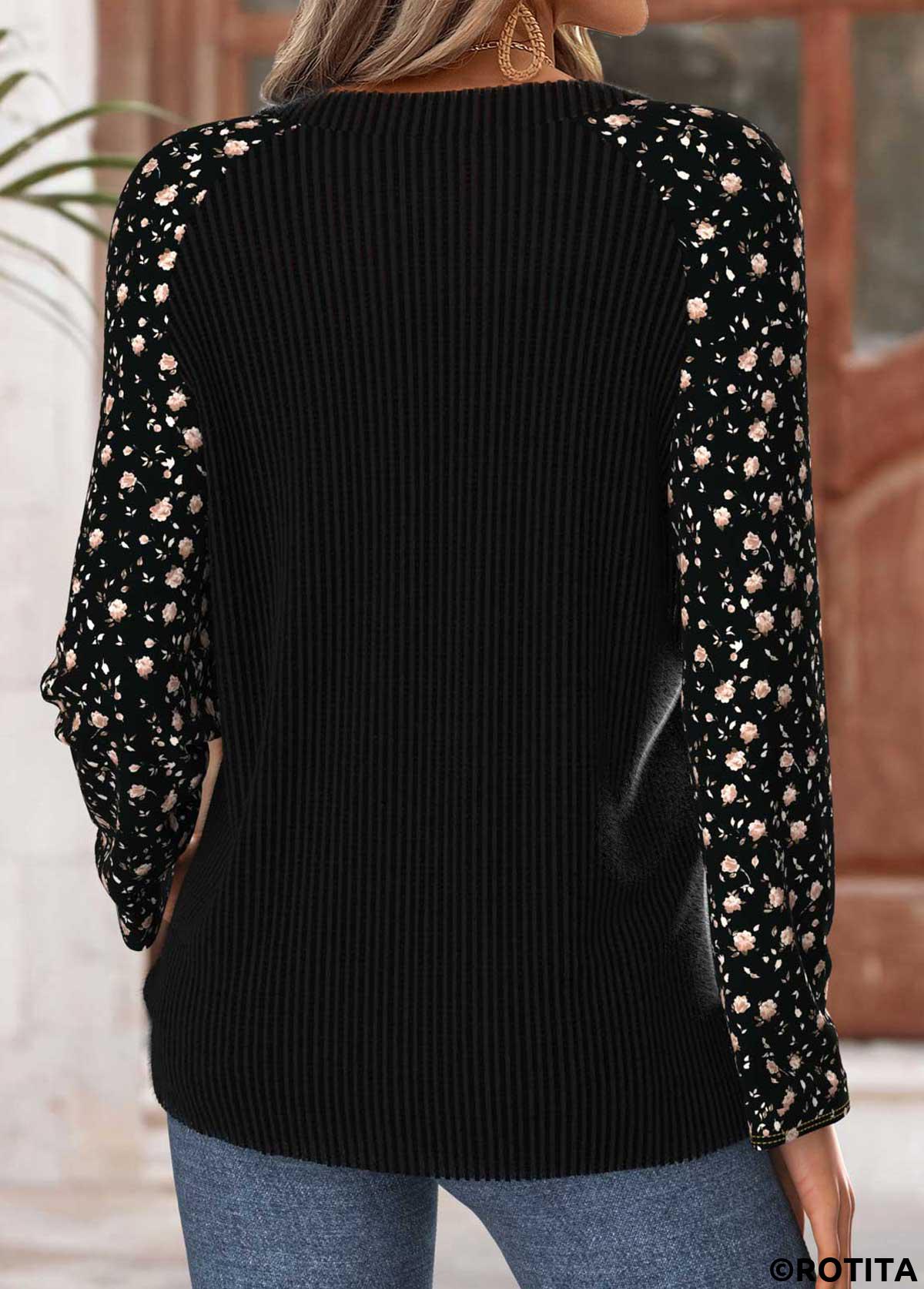 Black tops,Ditsy Floral tops,ROTITA Tummy Coverage Ditsy Floral Print Black T Shirt