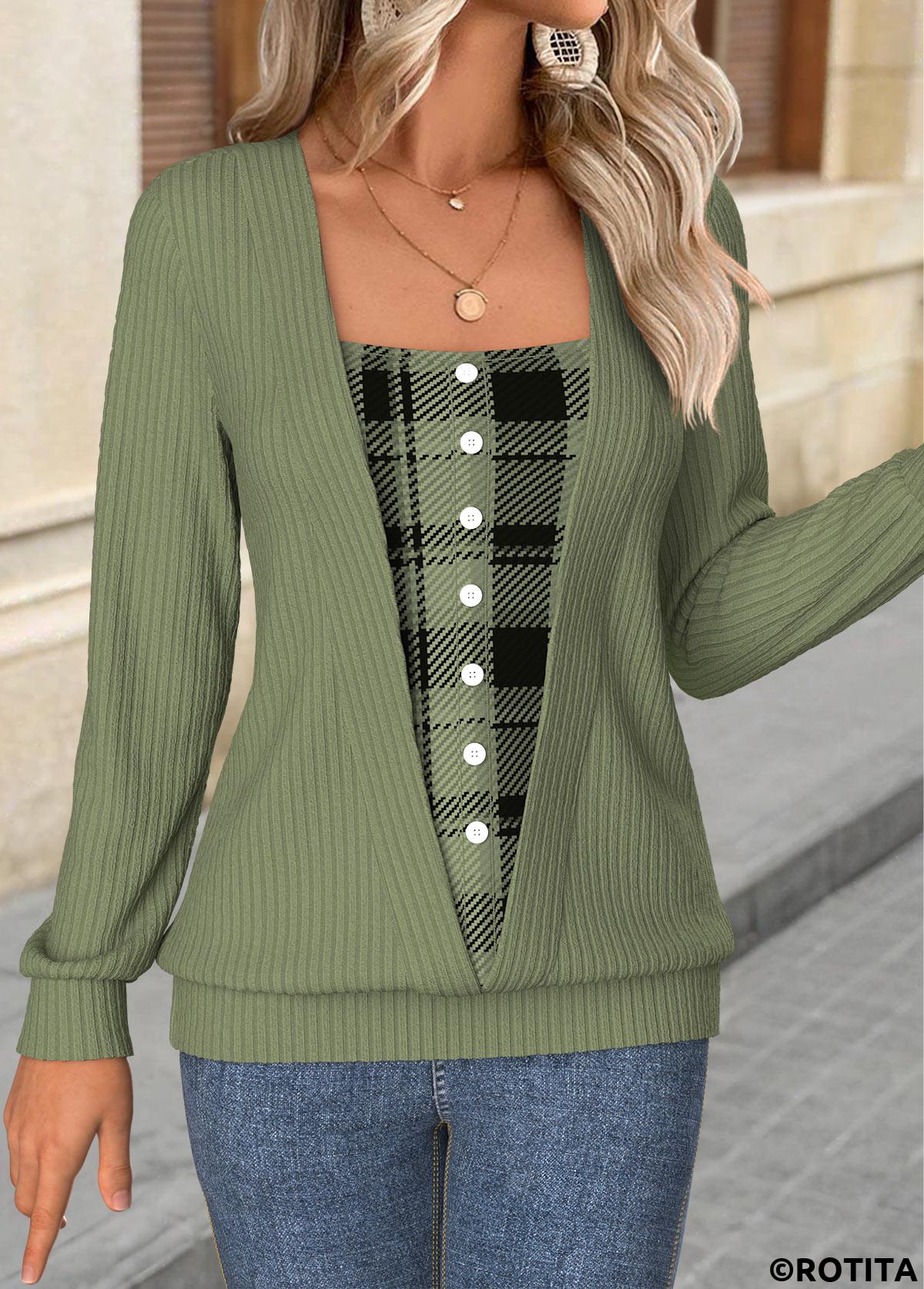 Sage Green tops,Plaid tops,Geometric tops,ROTITA Tummy Coverage Plaid Sage Green Long Sleeve T Shirt