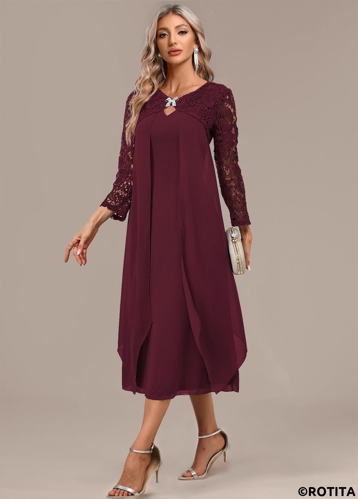 Wine Red dresses,Plain Color dresses,Party dresses,Elegant dresses,ROTITA Wine Red A Line Round Neck 3/4 Sleeve Dress