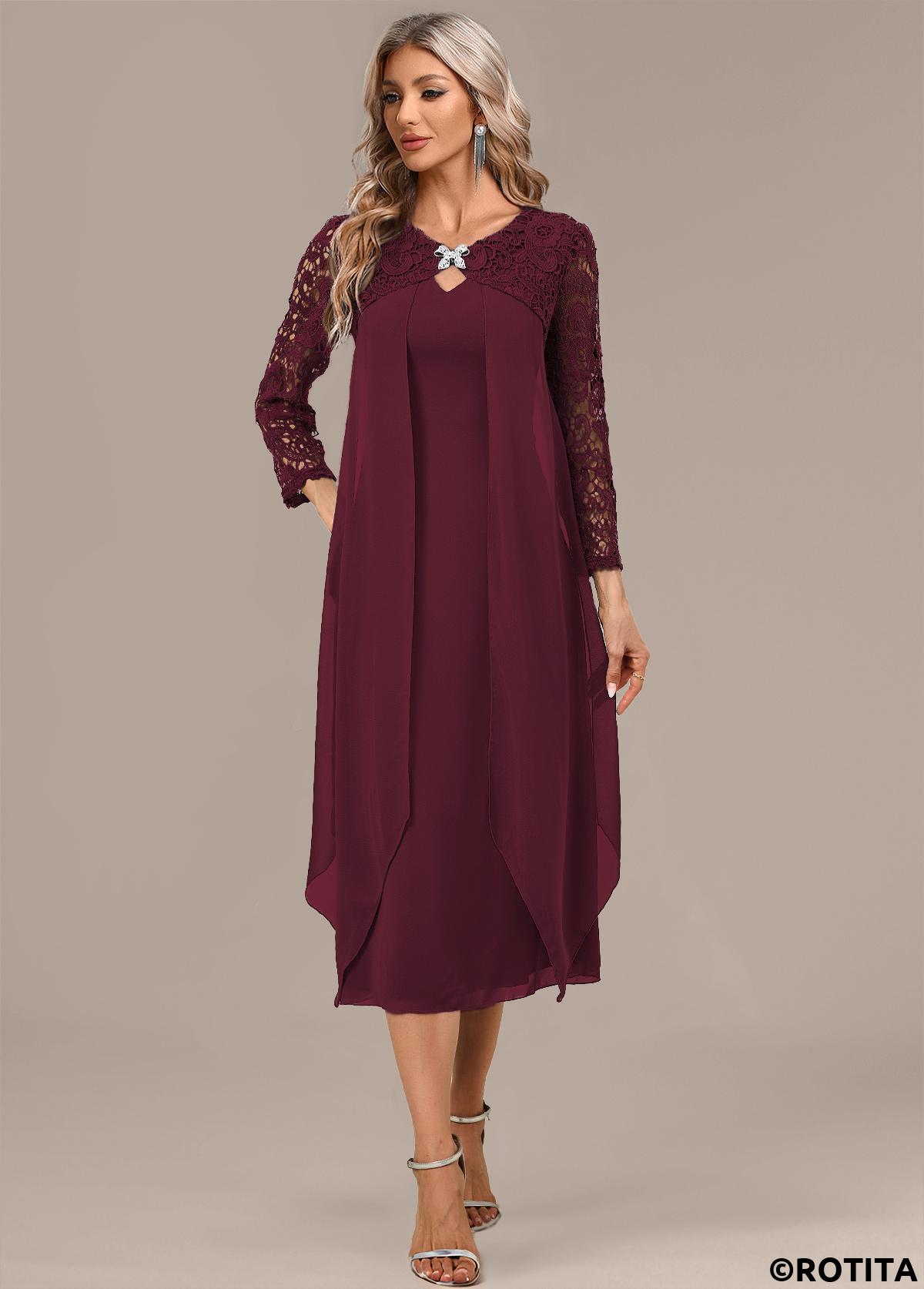 Wine Red dresses,Plain Color dresses,Party dresses,Elegant dresses,ROTITA Wine Red A Line Round Neck 3/4 Sleeve Dress