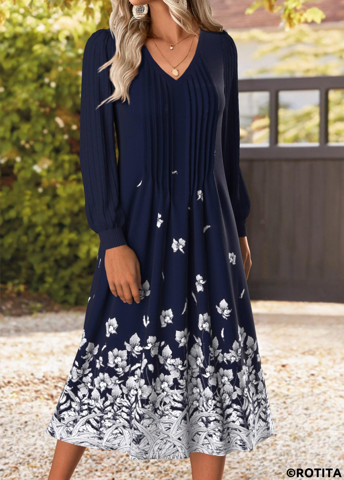 Navy dresses,Floral dresses,Plants dresses,Everyday dresses,Casual dresses,ROTITA Tummy Coverage Floral Print Multi Color V Neck Dress