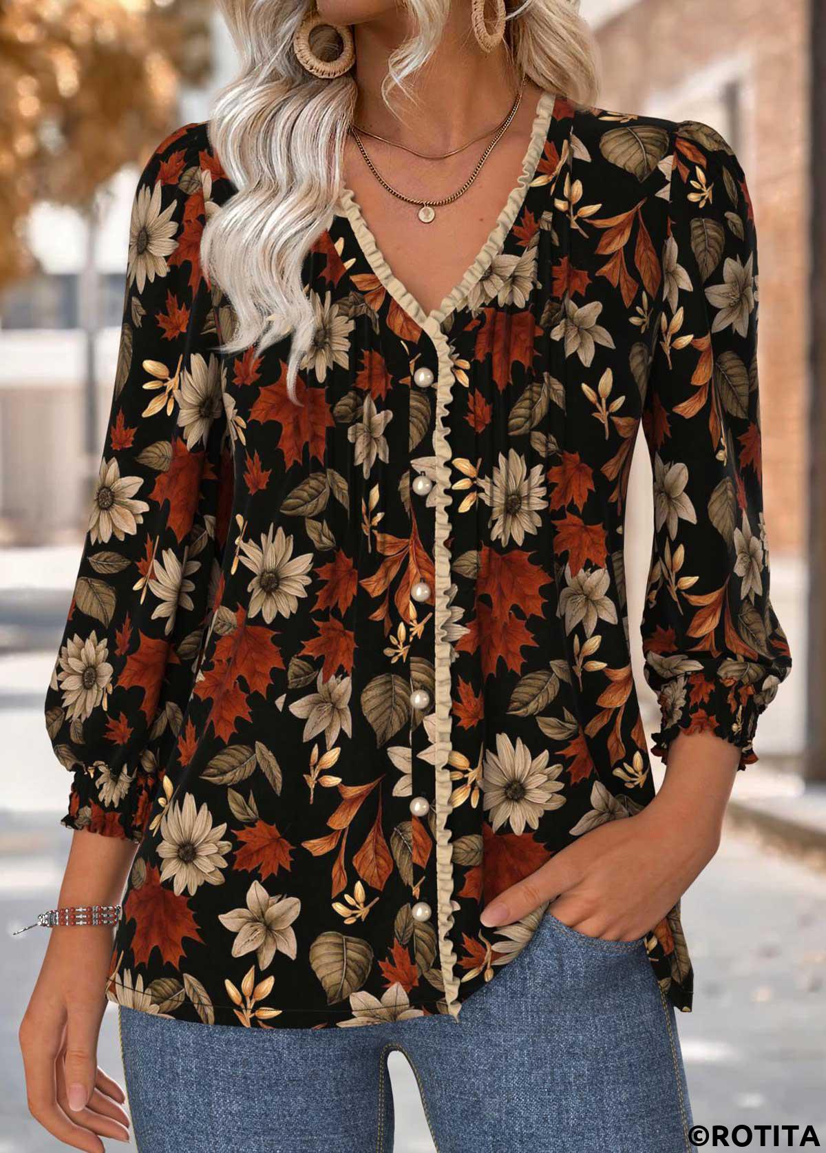 Black tops,Floral tops,Plants tops,ROTITA Tummy Coverage Floral Print Black V Neck Blouse
