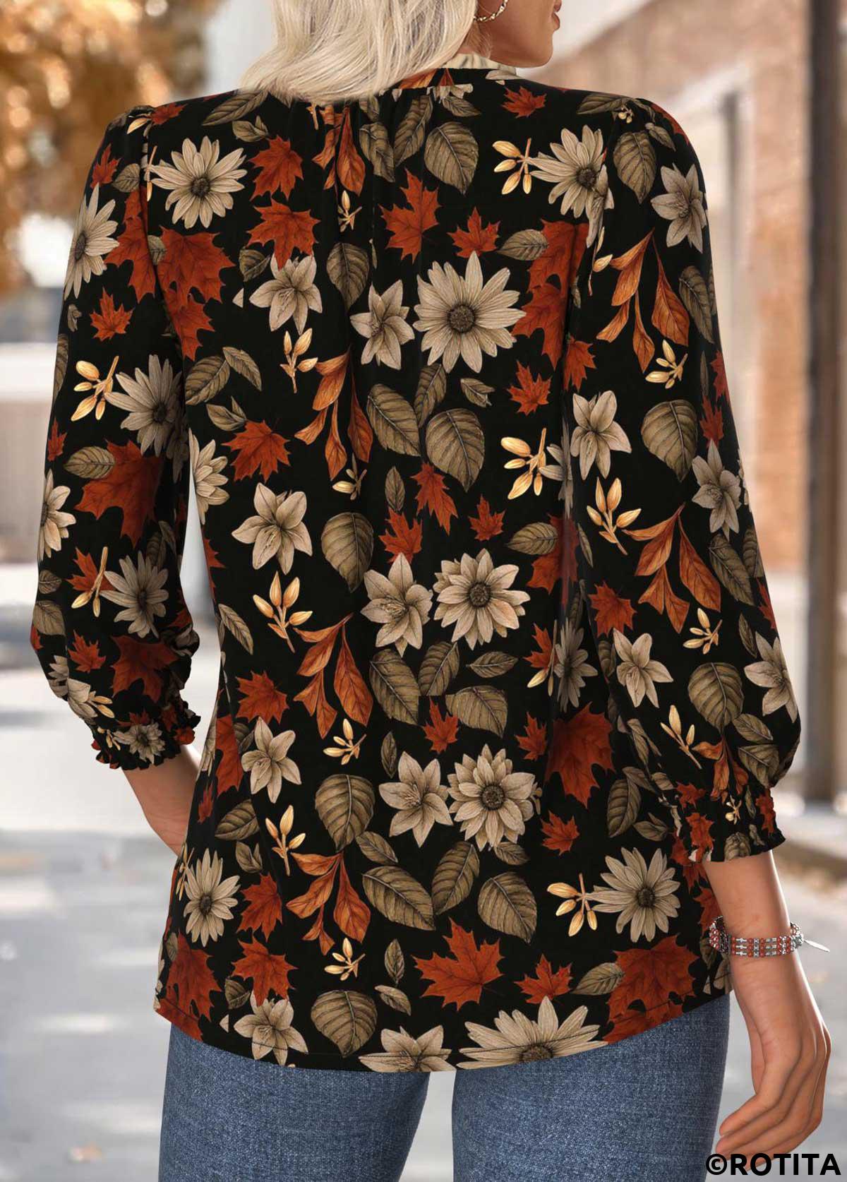 Black tops,Floral tops,Plants tops,ROTITA Tummy Coverage Floral Print Black V Neck Blouse