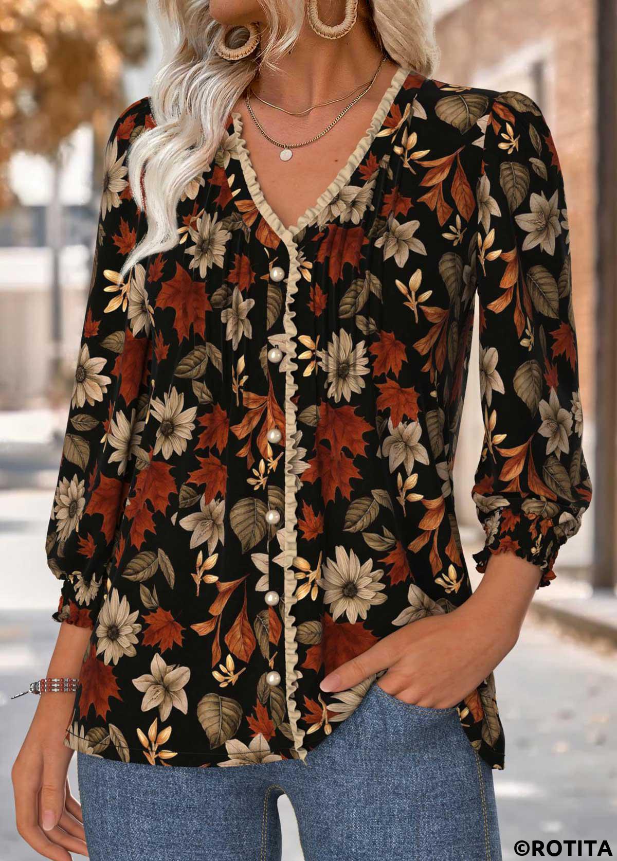 Black tops,Floral tops,Plants tops,ROTITA Tummy Coverage Floral Print Black V Neck Blouse