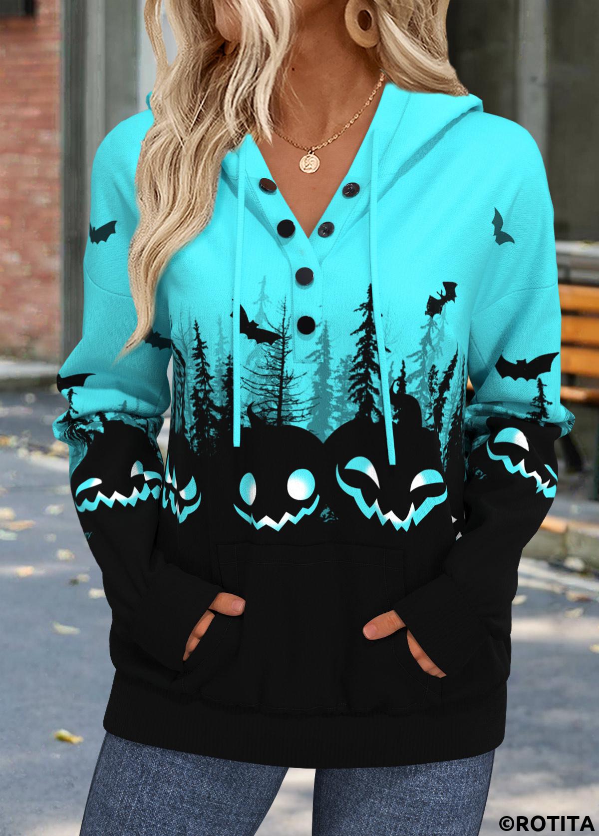Cyan tops,Black tops,Halloween tops,ROTITA Halloween Tummy Coverage Cyan Long Sleeve Hoodie