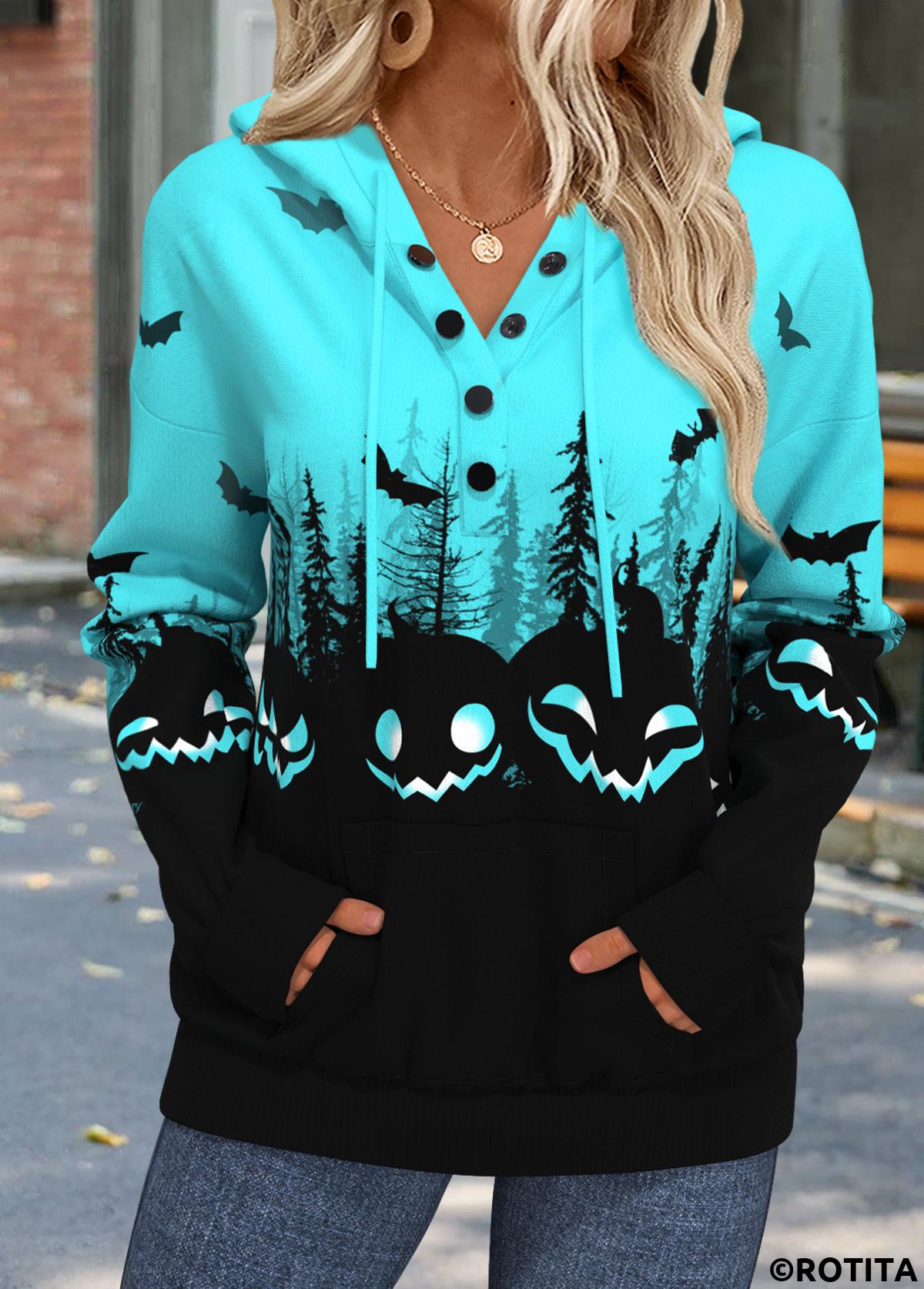 Cyan tops,Black tops,Halloween tops,ROTITA Halloween Tummy Coverage Cyan Long Sleeve Hoodie