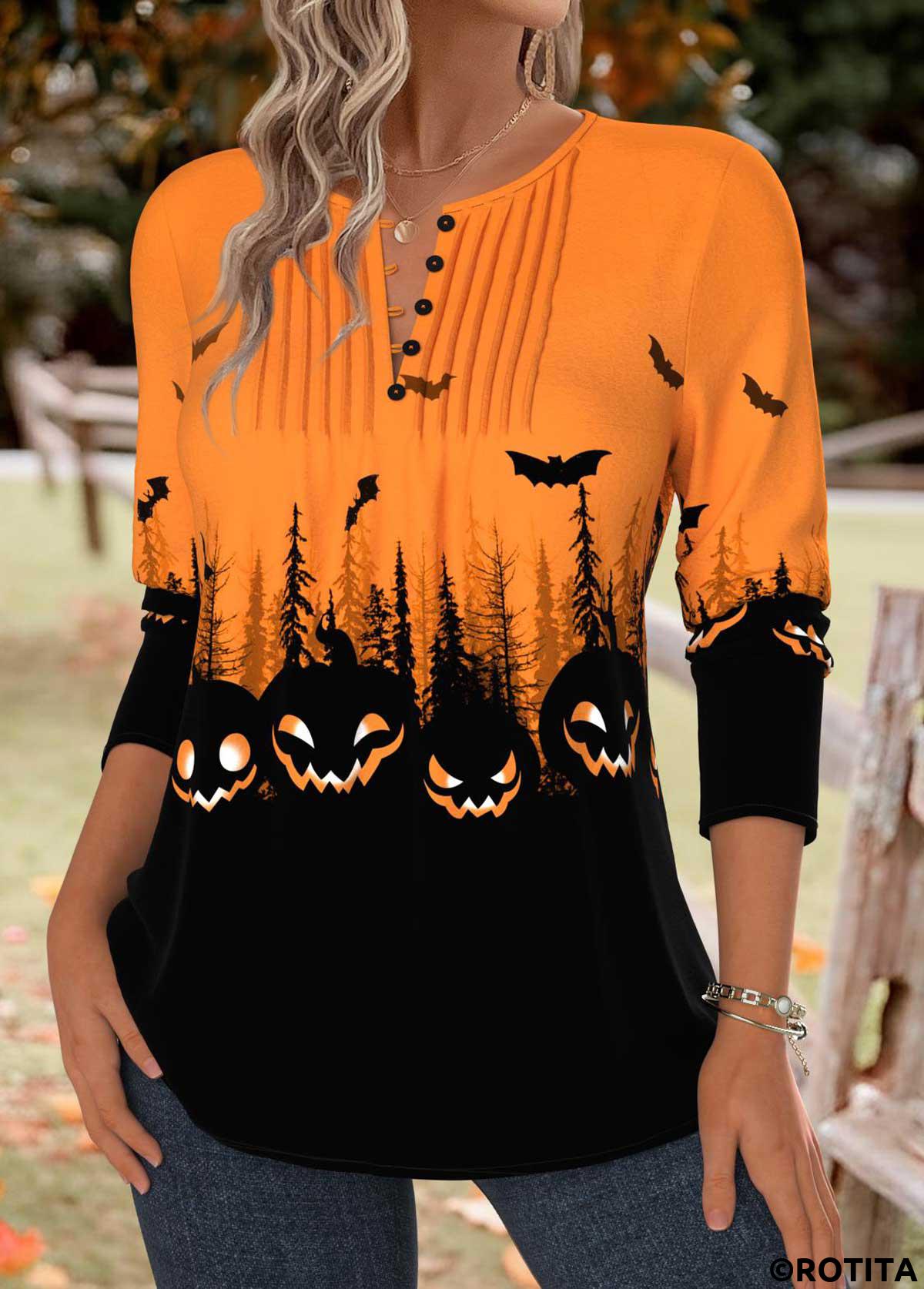 Orange tops,Halloween tops,ROTITA Halloween Tummy Coverage Orange Split Neck T Shirt