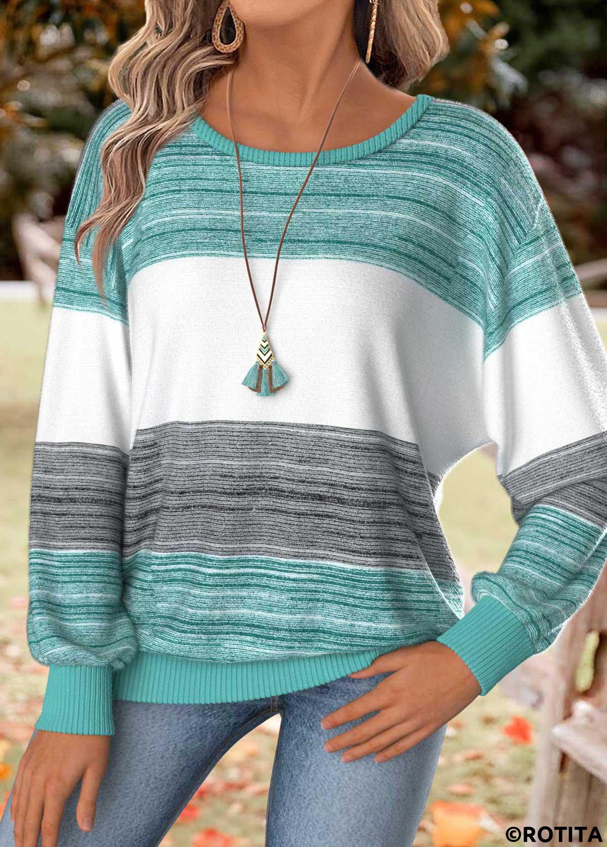 Mint Green tops,Striped tops,Geometric tops,ROTITA Tummy Coverage Striped Mint Green Round Neck T Shirt