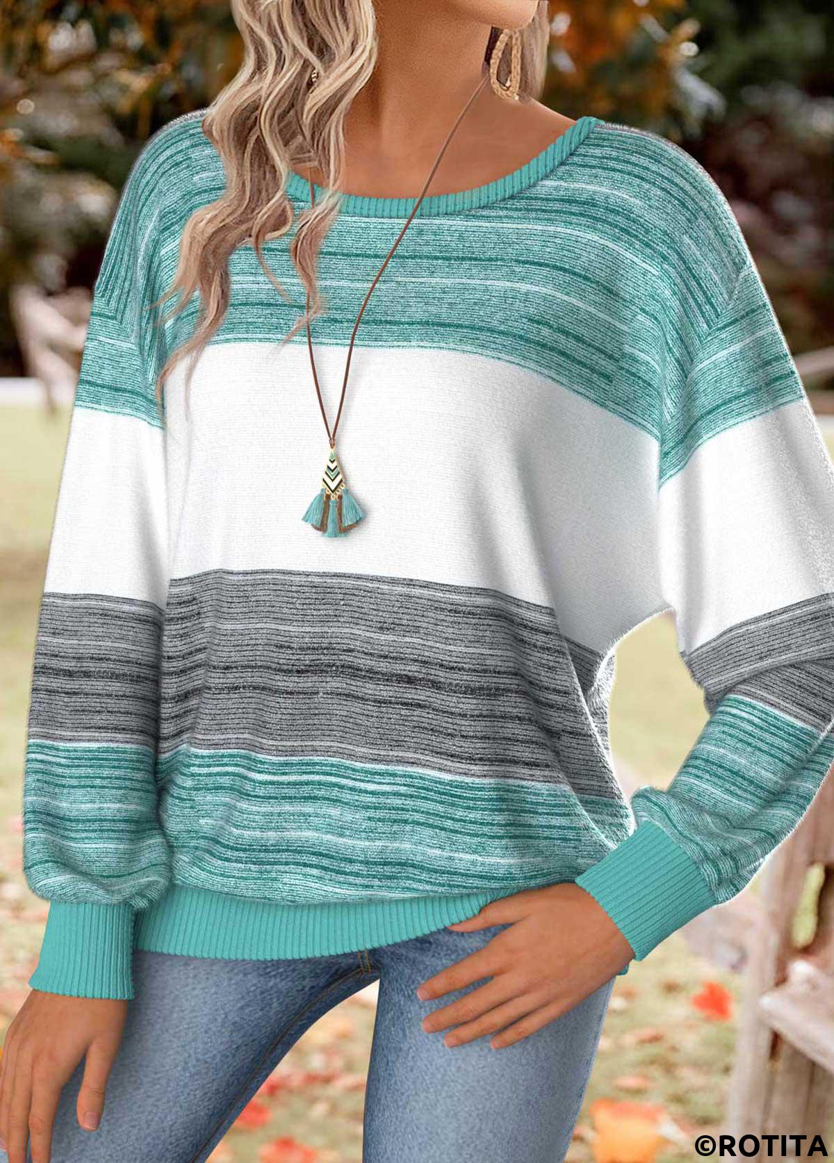 Mint Green tops,Striped tops,Geometric tops,ROTITA Tummy Coverage Striped Mint Green Round Neck T Shirt