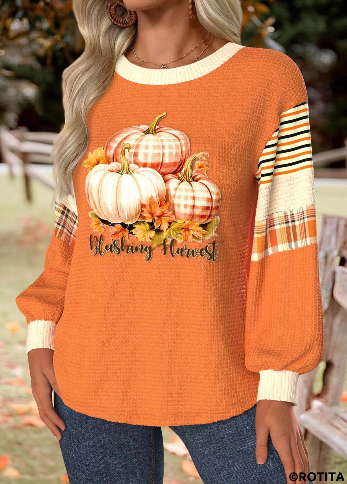 Neon Orange tops,Halloween tops,ROTITA Halloween Tummy Coverage Pumpkin Print Neon Orange Sweatshirt