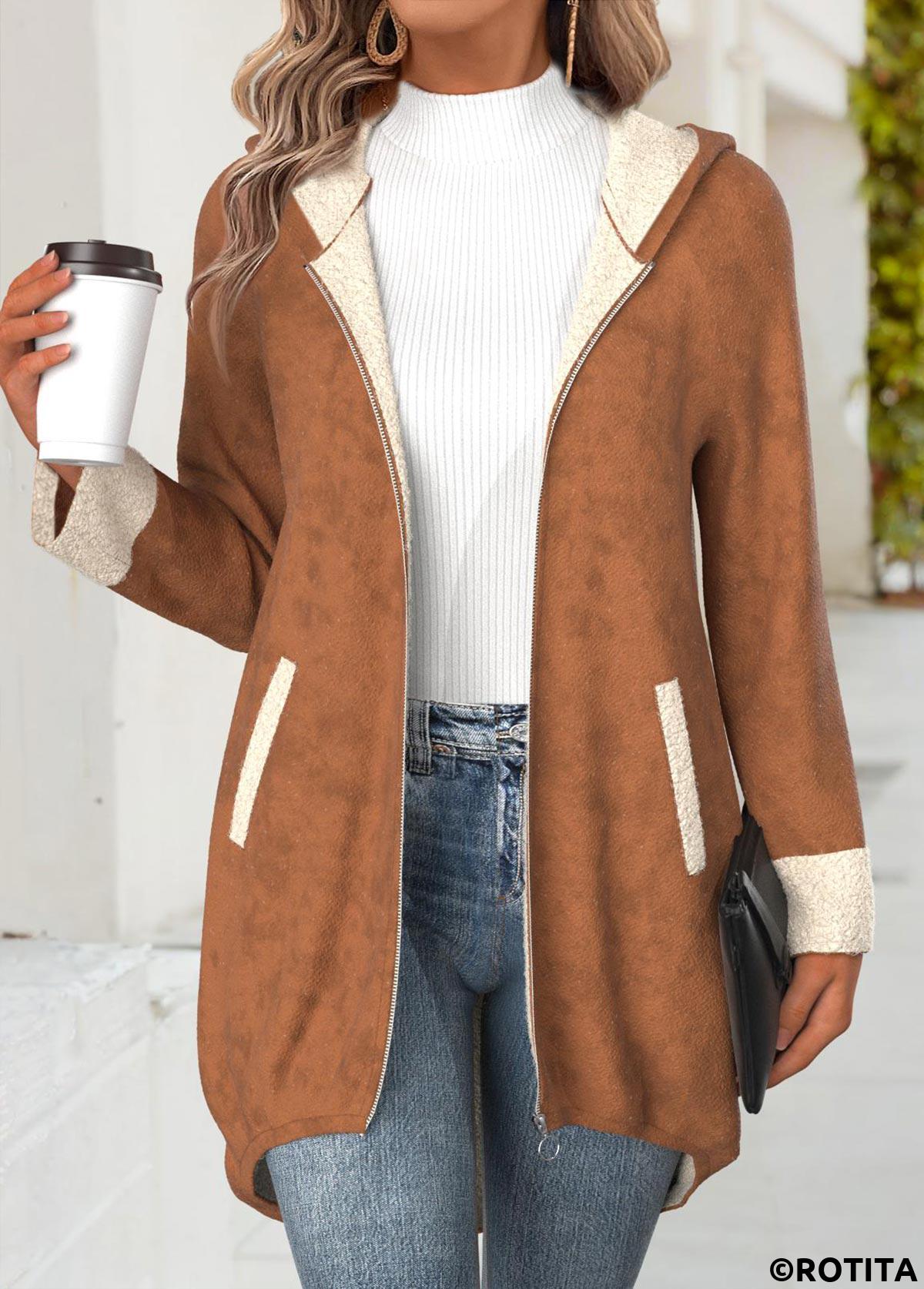 Dark Coffee tops,Plain Color tops,ROTITA Tummy Coverage Dark Coffee Hooded Long Sleeve Coat